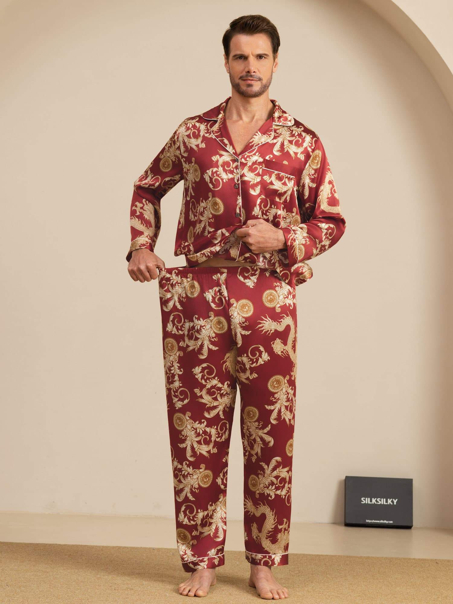 Pure Soie Homme Imprimé Dragon Manches Longues Col Cranté Ensemble Pyjama - Image 19