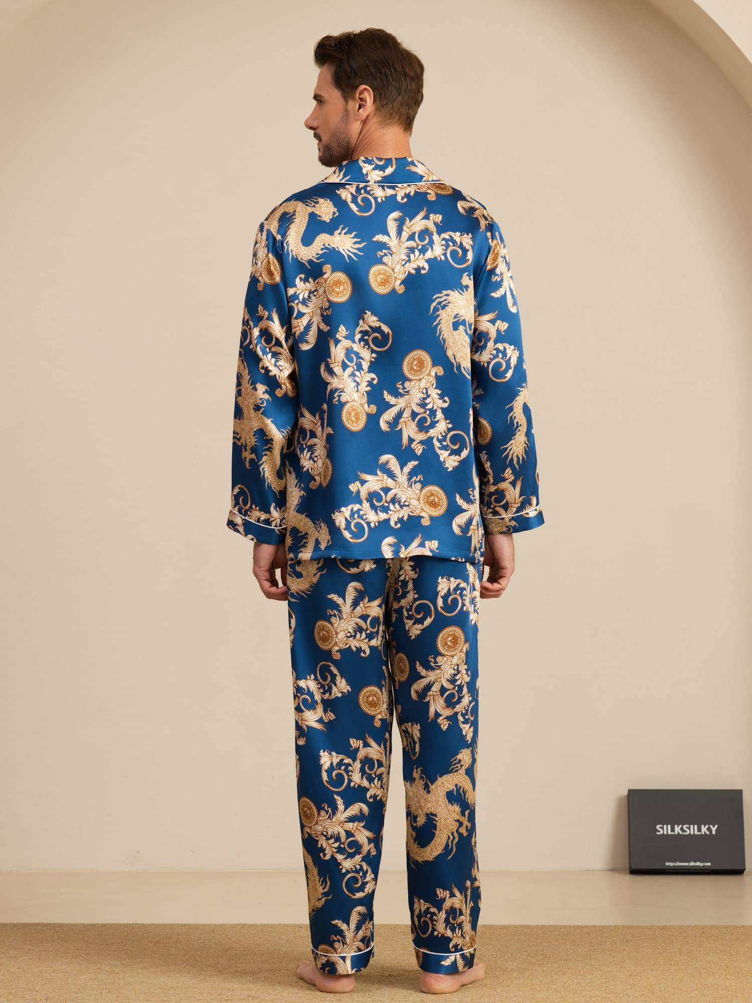 Pure Soie Homme Imprimé Dragon Manches Longues Col Cranté Ensemble Pyjama - Image 2