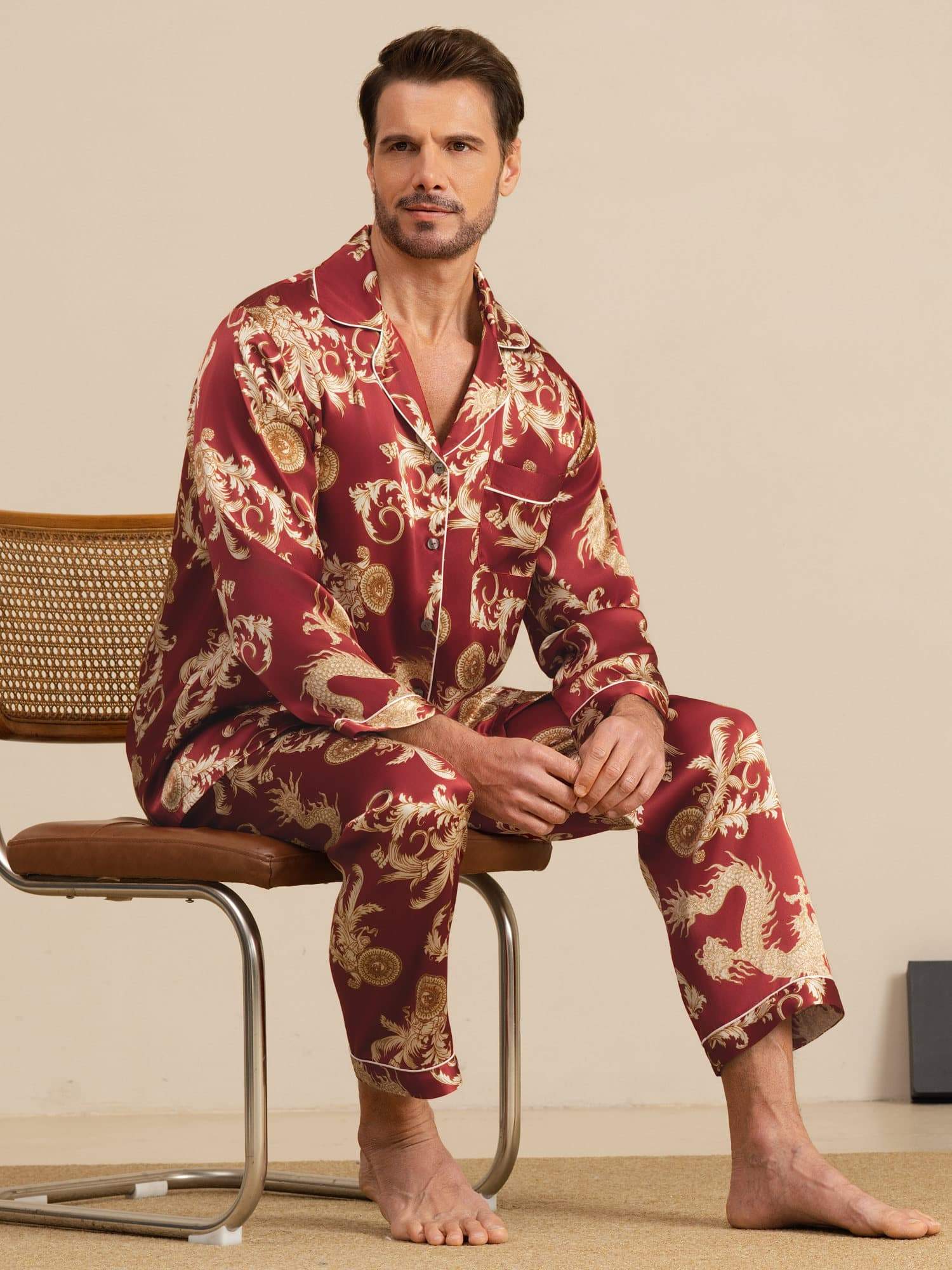 Pure Soie Homme Imprimé Dragon Manches Longues Col Cranté Ensemble Pyjama - Image 20