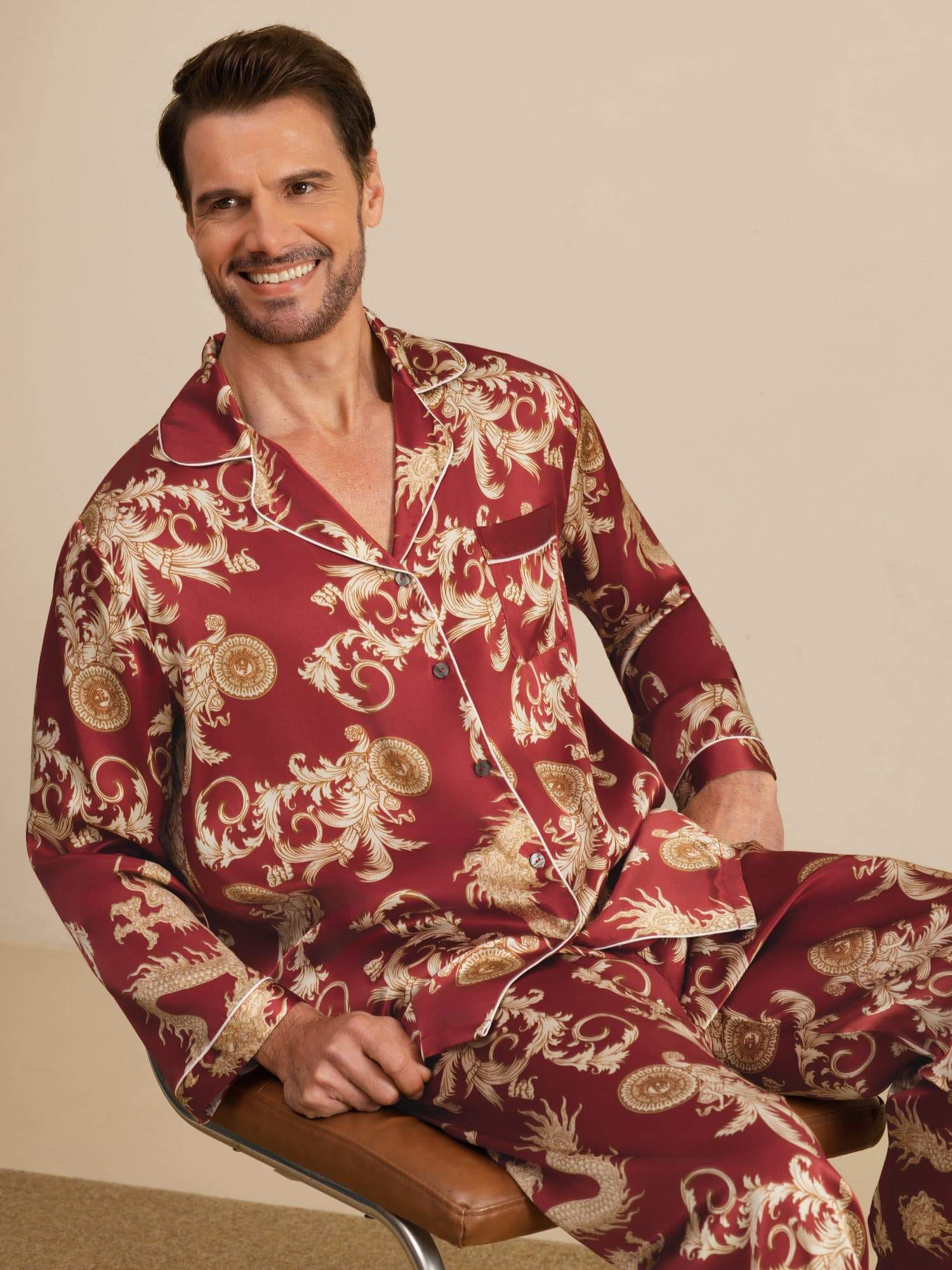 Pure Soie Homme Imprimé Dragon Manches Longues Col Cranté Ensemble Pyjama - Image 22