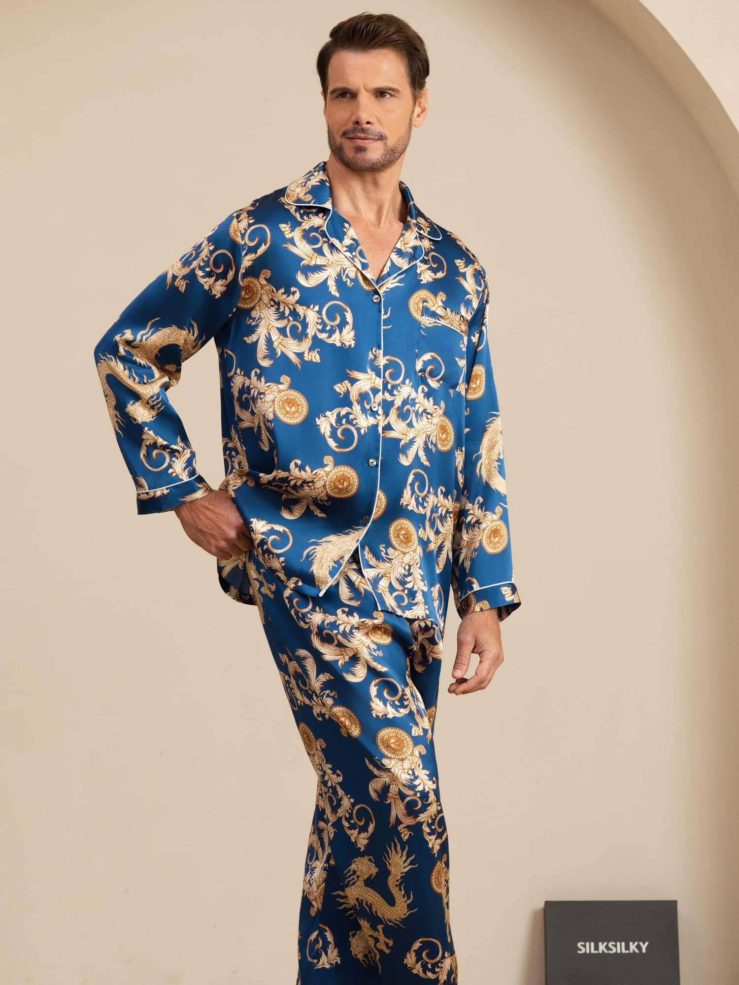 Pure Soie Homme Imprimé Dragon Manches Longues Col Cranté Ensemble Pyjama - Image 3