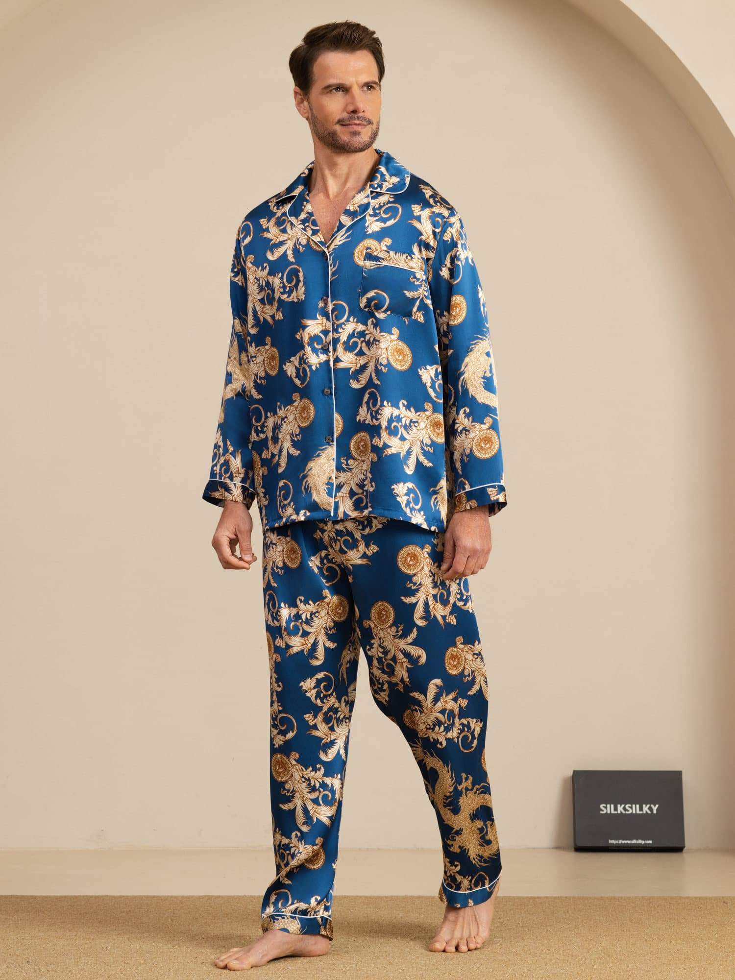 Pure Soie Homme Imprimé Dragon Manches Longues Col Cranté Ensemble Pyjama - Image 4