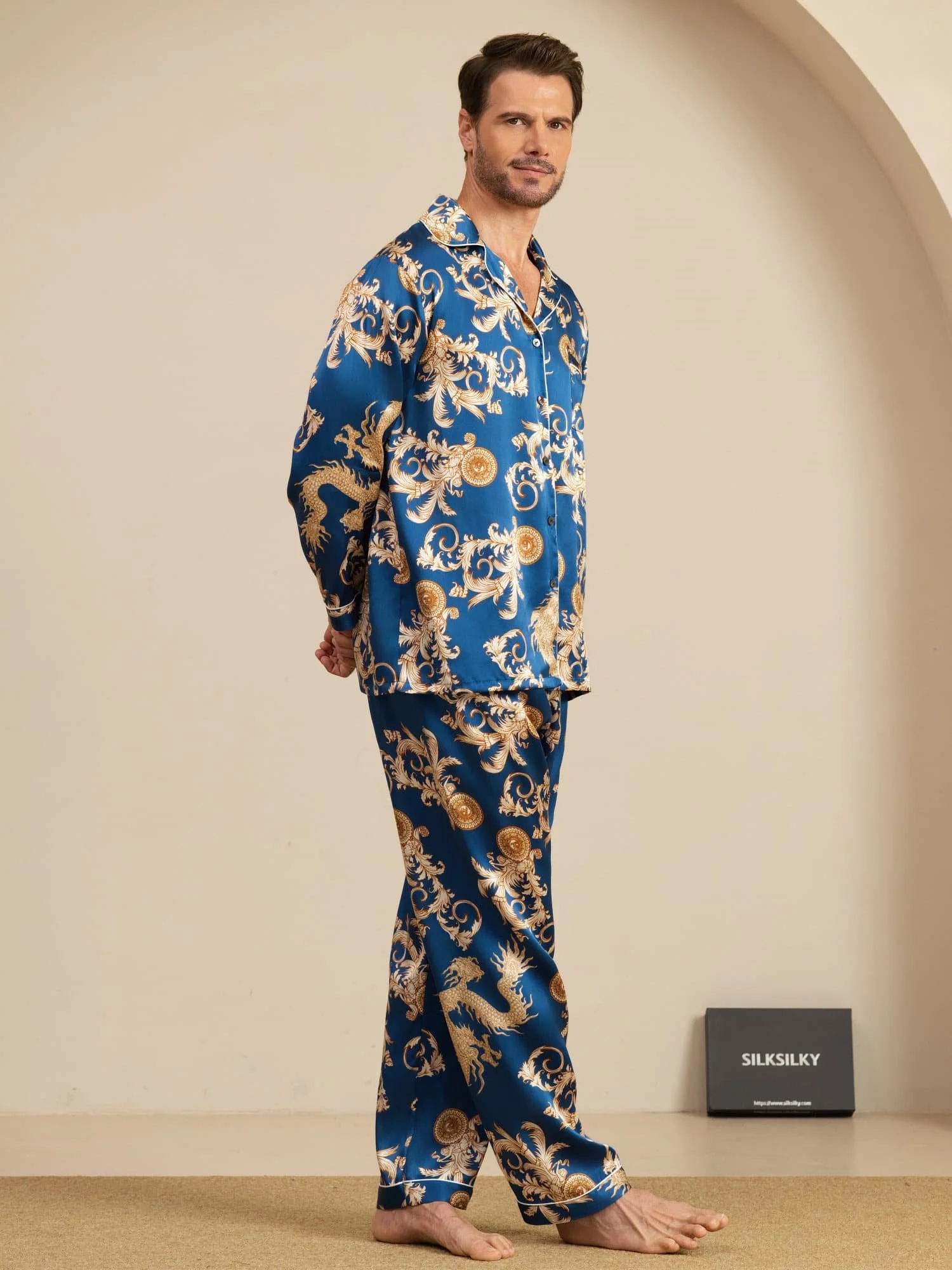 Pure Soie Homme Imprimé Dragon Manches Longues Col Cranté Ensemble Pyjama - Image 5