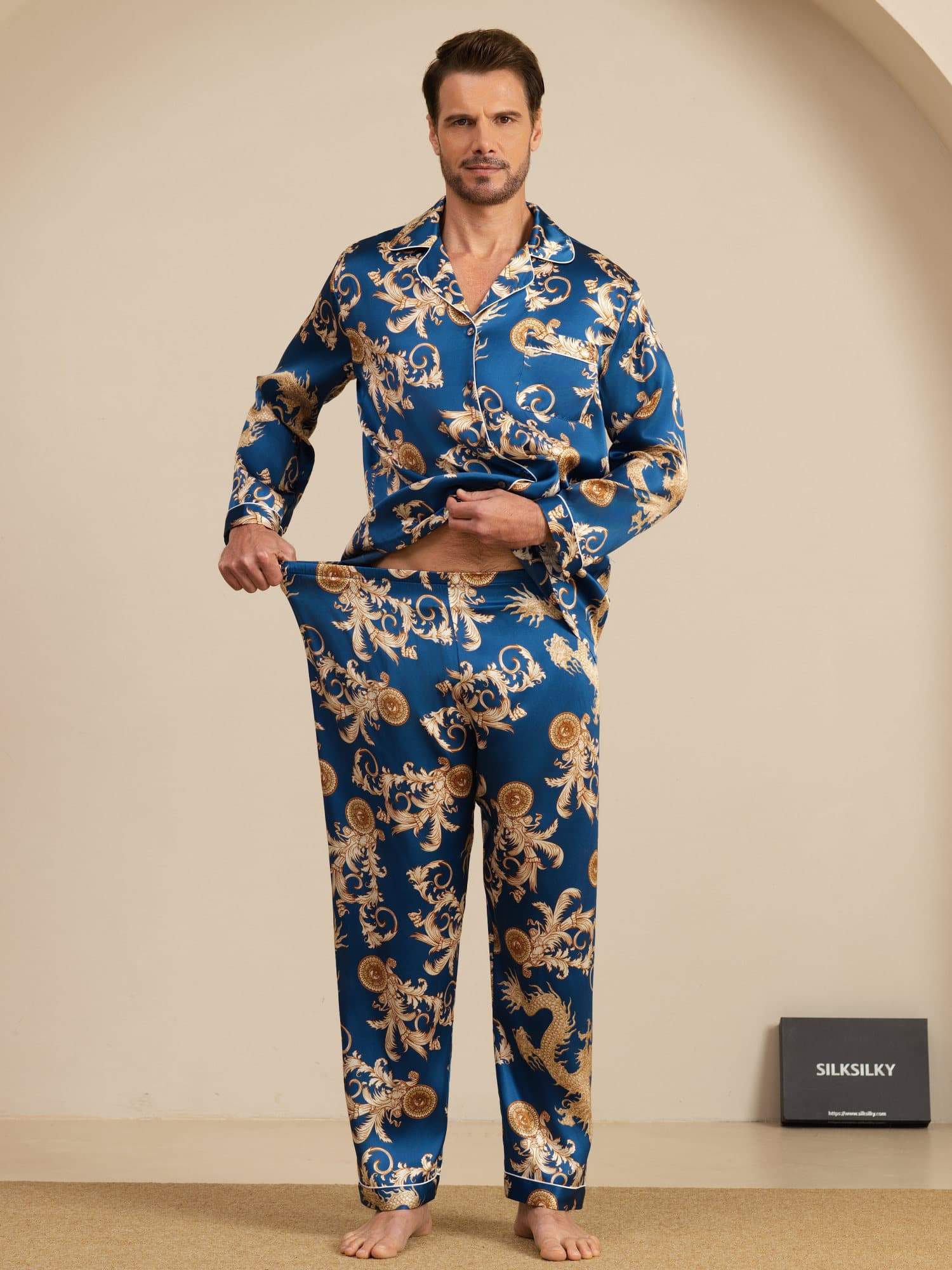 Pure Soie Homme Imprimé Dragon Manches Longues Col Cranté Ensemble Pyjama - Image 6