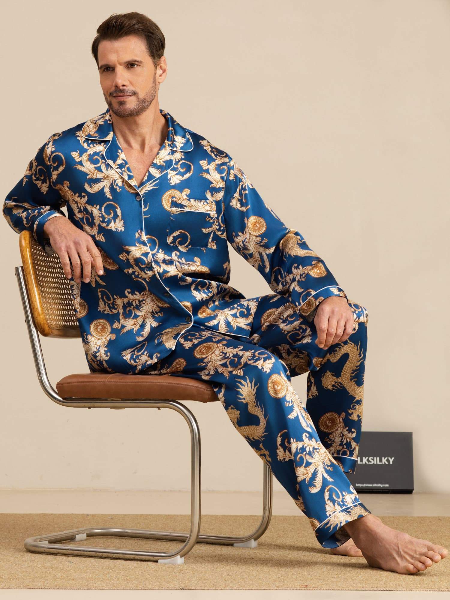 Pure Soie Homme Imprimé Dragon Manches Longues Col Cranté Ensemble Pyjama - Image 8