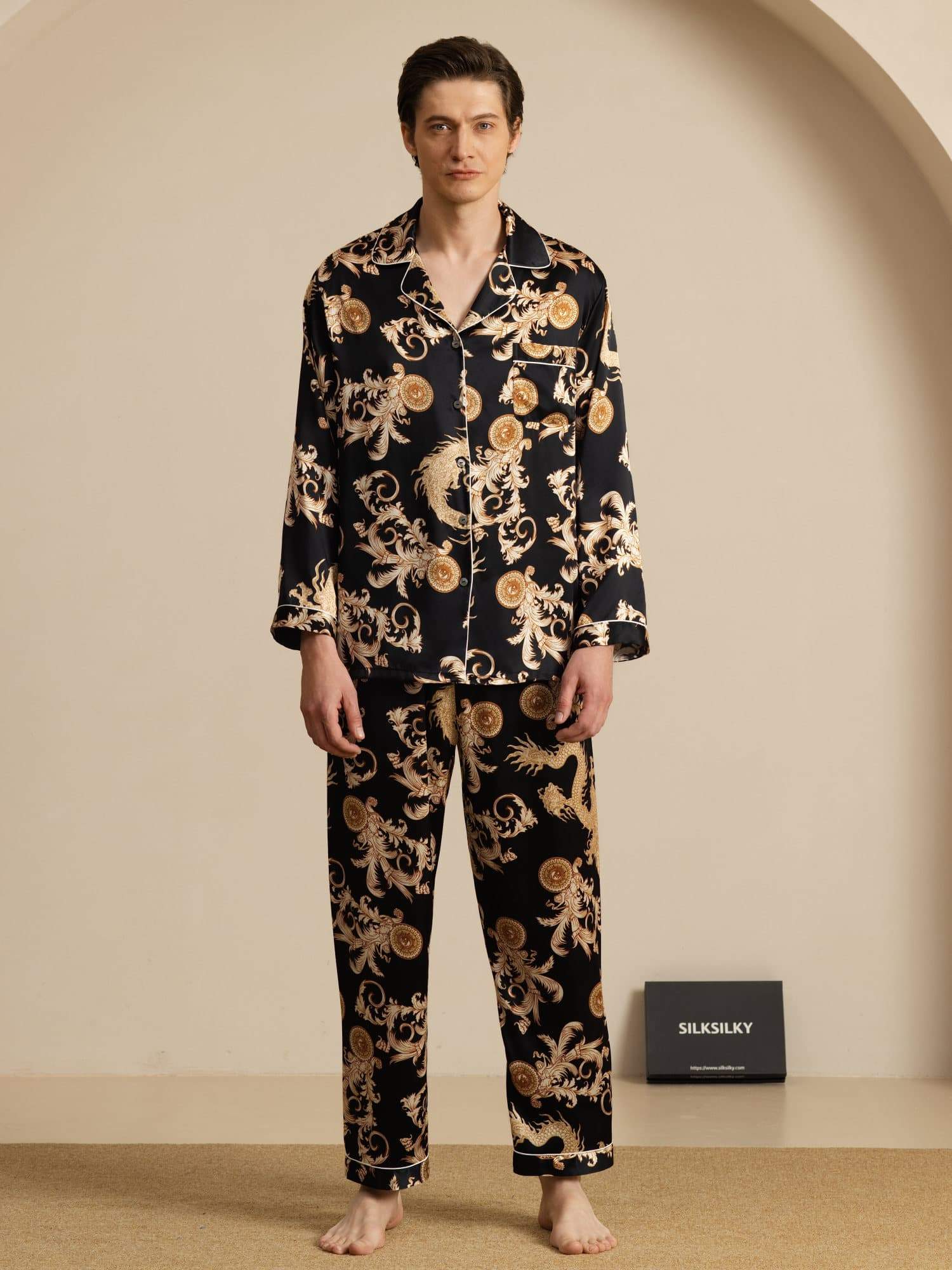 Pure Soie Homme Imprimé Dragon Manches Longues Col Cranté Ensemble Pyjama - Image 9
