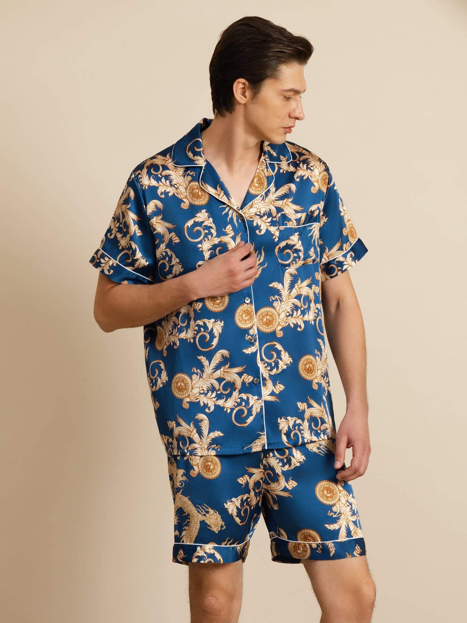 Pure Soie Homme Imprimé Dragon Manches Courtes Col Cranté Ensemble Pyjama - Image 15