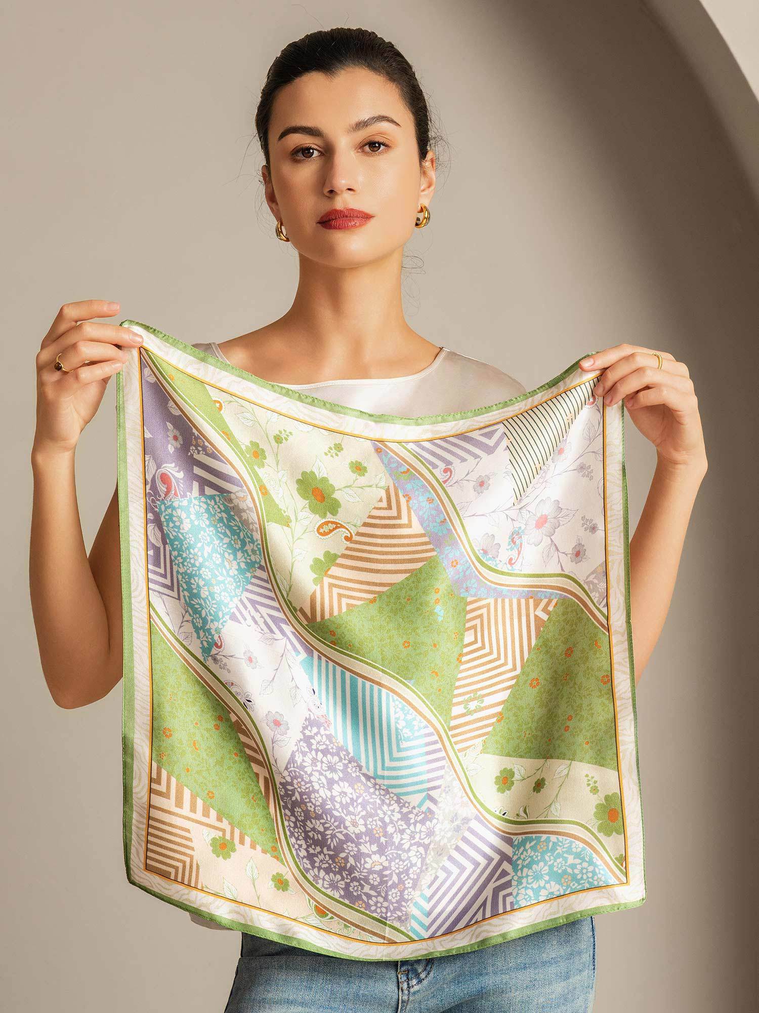 Pure Silk Pattern Stitching Square Scarf - Taille 53x53cm - Image 4