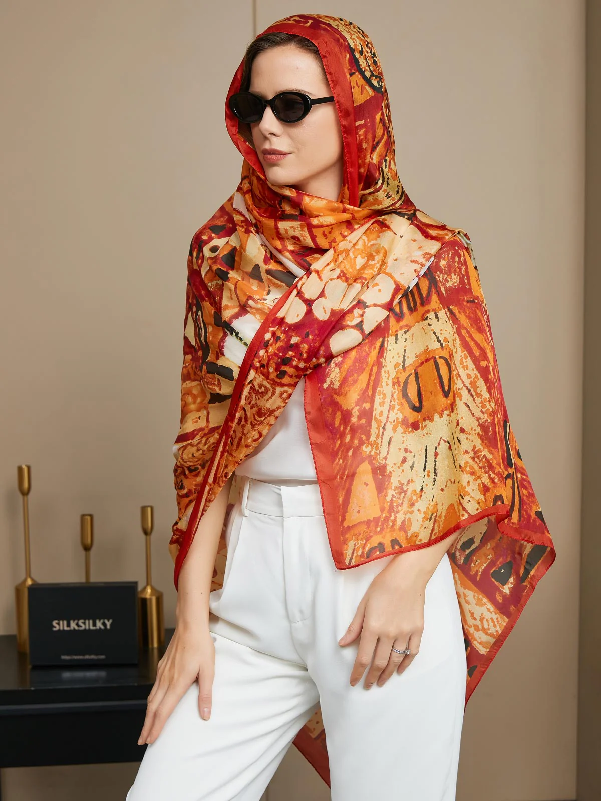 Foulard / Châle Rectangle Imprimé en Pure Soie 175x105cm - Image 6
