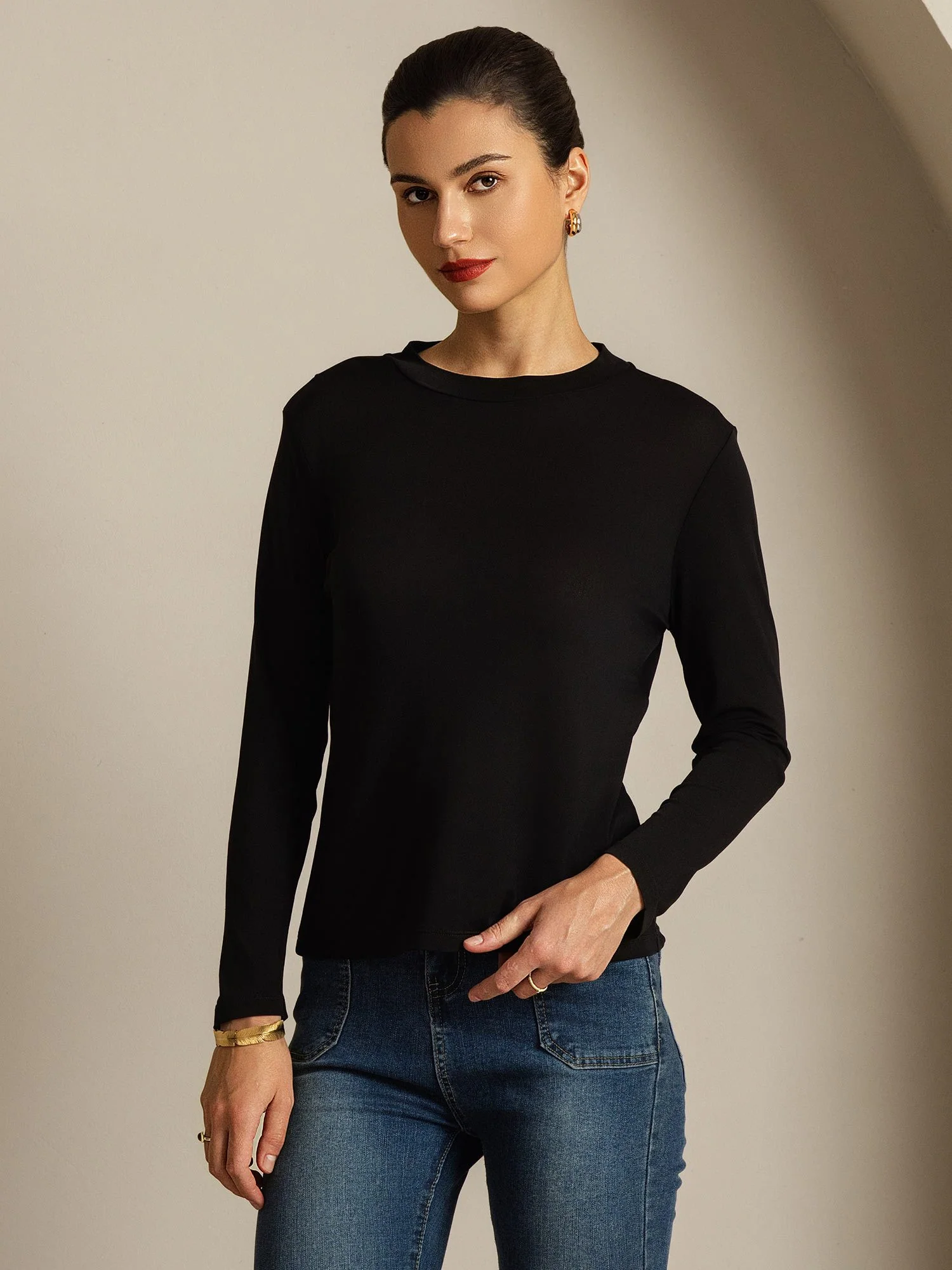 Haut En Pure Soie À Manches Longues Pour Femme À Col Rond - Image 17