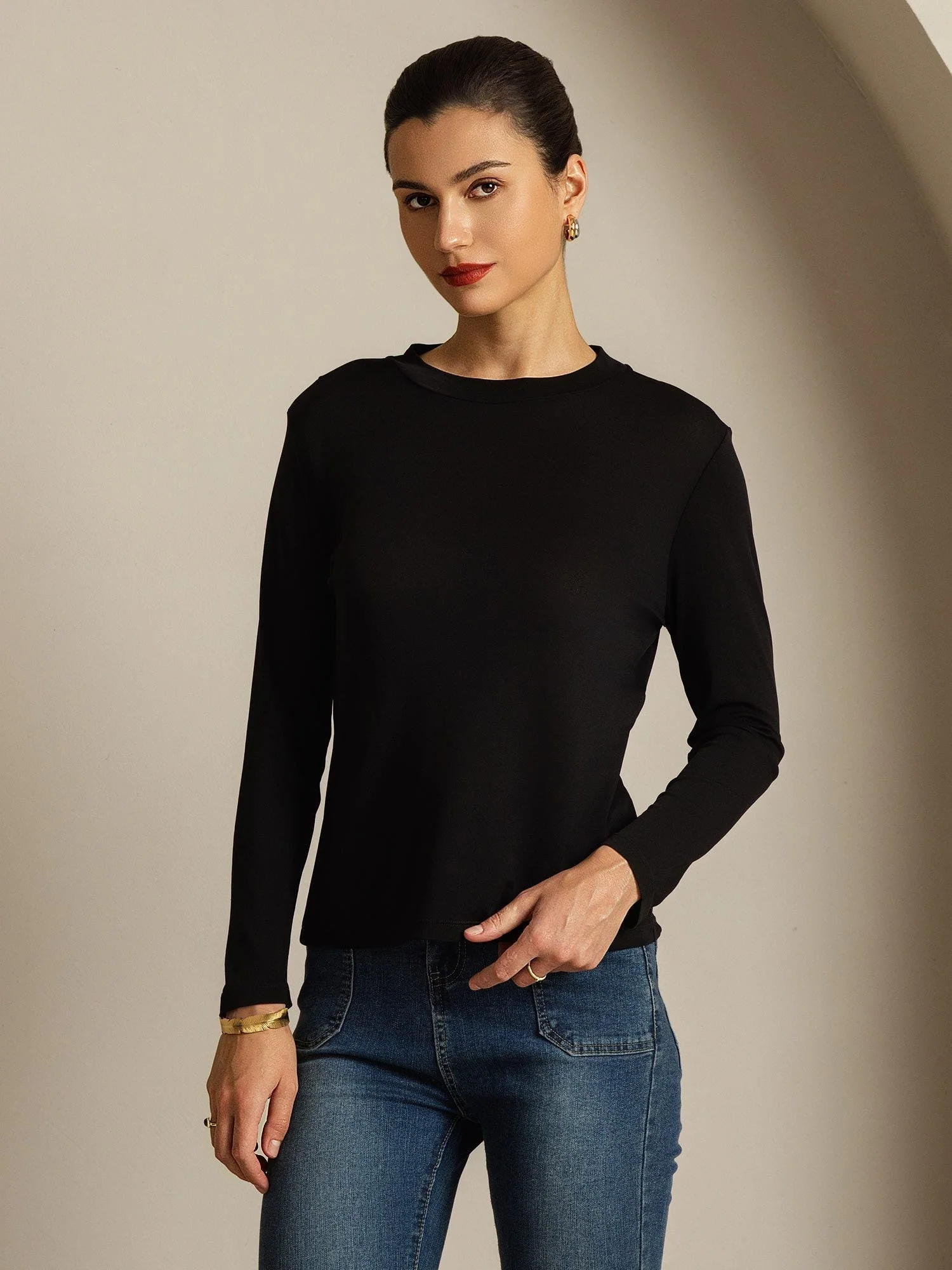 Haut À Manches Longues En Pure Soie Pour Femme À Col Rond - Image 19