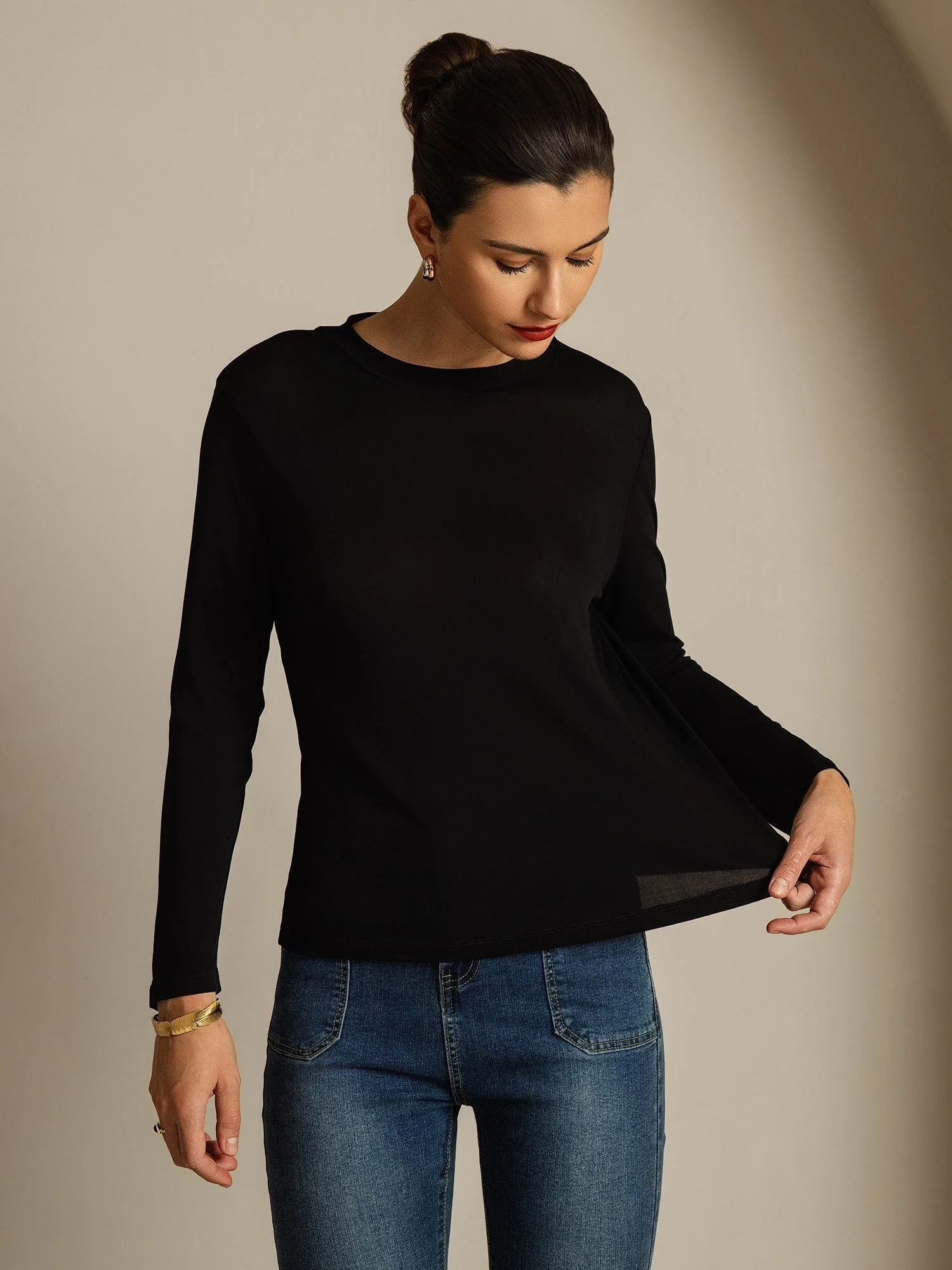 Haut À Manches Longues En Pure Soie Pour Femme À Col Rond - Image 21