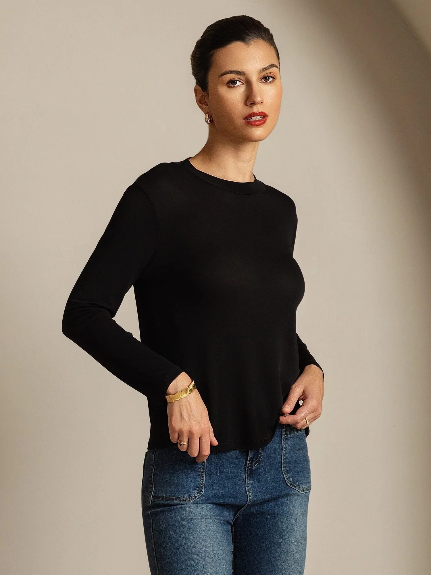Haut À Manches Longues En Pure Soie Pour Femme À Col Rond - Image 24