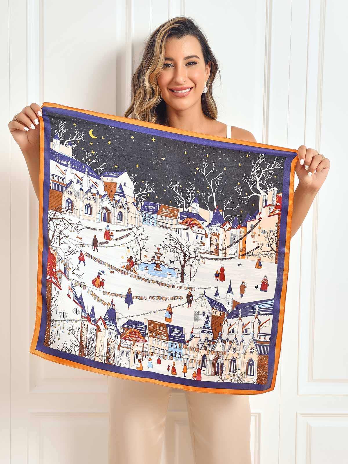 Foulard Carré Motif Paysage en Soie Pure 68x68cm / 26.8 - Image 6