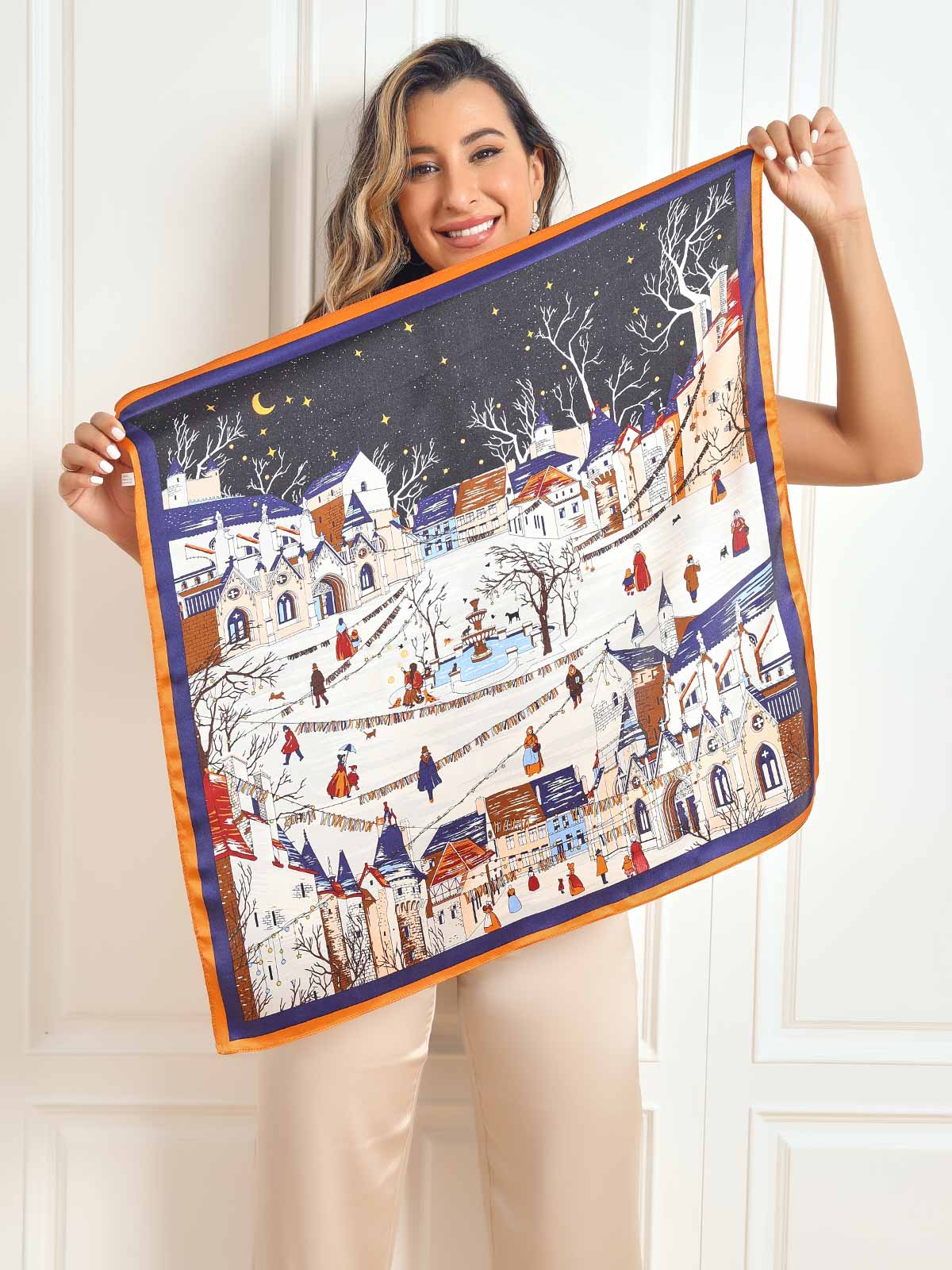 Foulard Carré Motif Paysage en Soie Pure 68x68cm / 26.8 - Image 7
