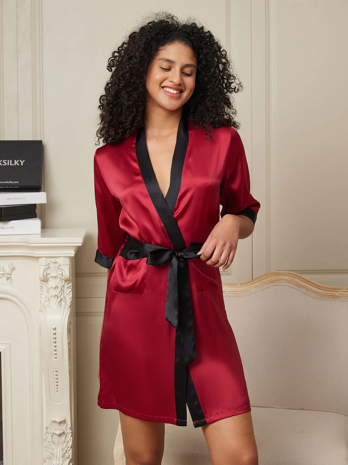 Kimono Court En Pure Soie Pour Femme À Manches Mi-longues Avec Coupe Croisée - Image 29