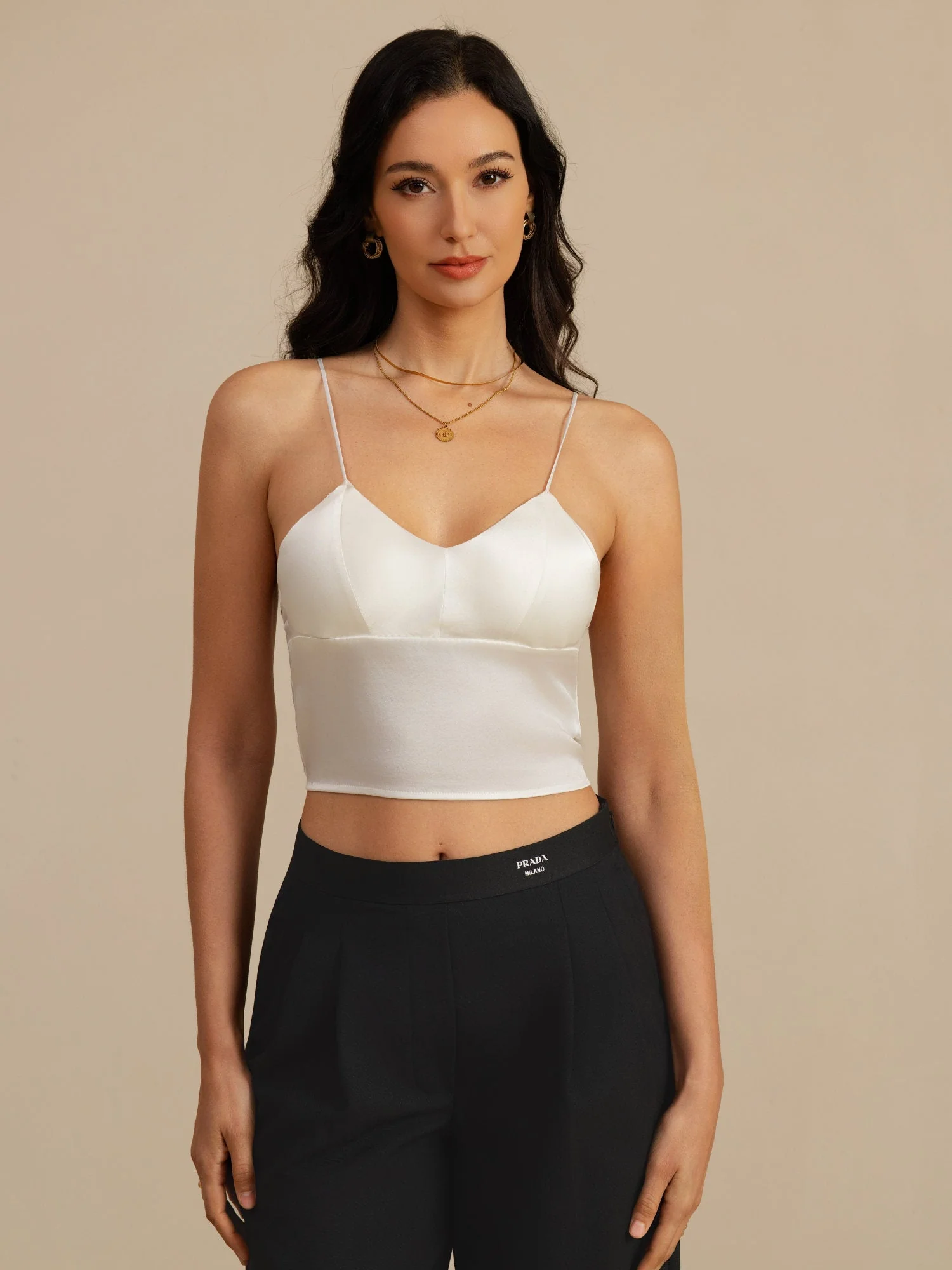 19Momme Haut Court En Soie Bretelles Spaghetti Décolleté En V Caraco Avec Soutien Gorge Intégré - Image 3