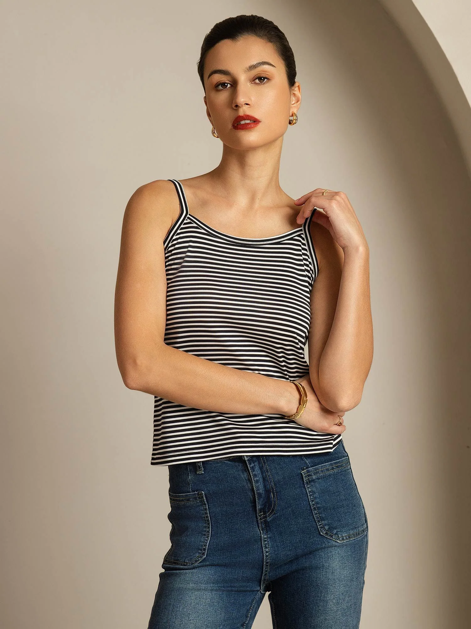 Top Camisole À Bretelles Fines En Soie Pure Col Carré À Rayures - Image 3