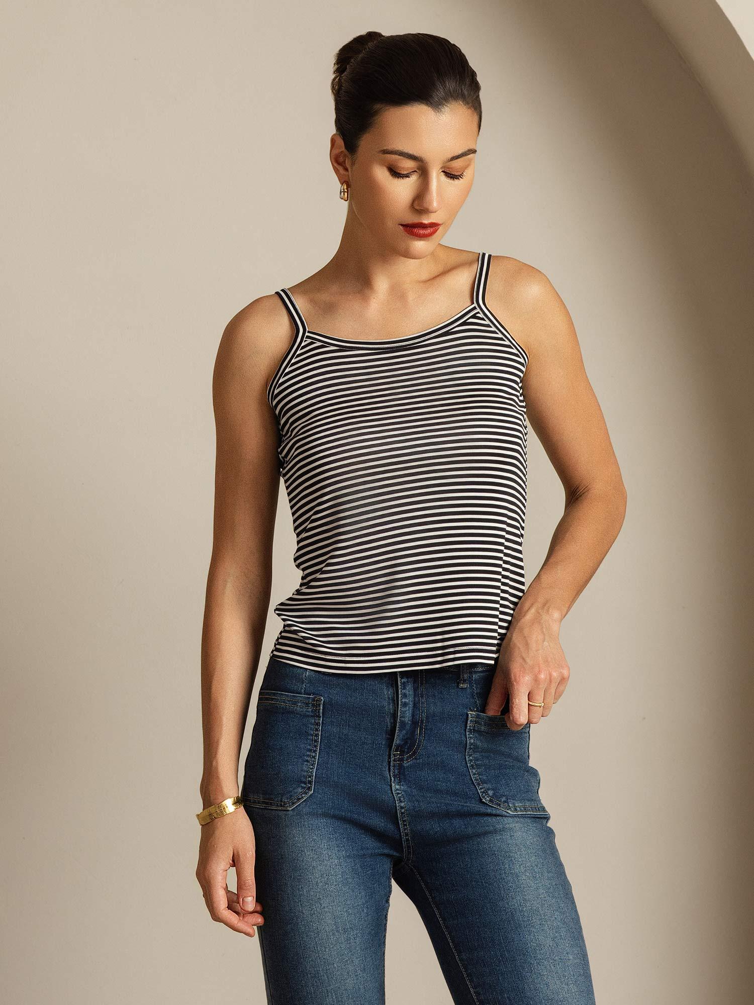 Top Camisole À Bretelles Fines En Soie Pure Col Carré À Rayures - Image 4