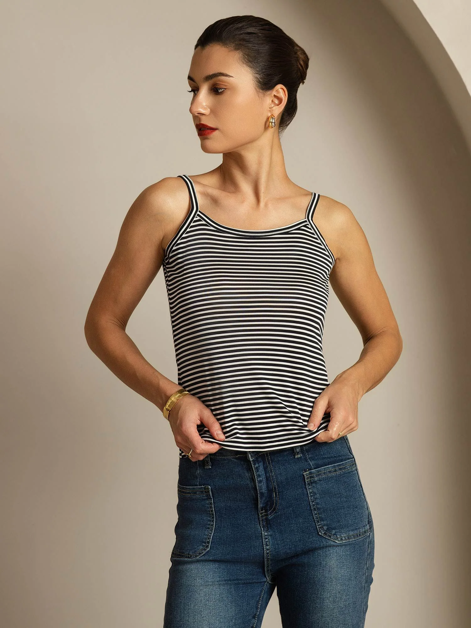 Top Camisole À Bretelles Fines En Soie Pure Col Carré À Rayures - Image 5