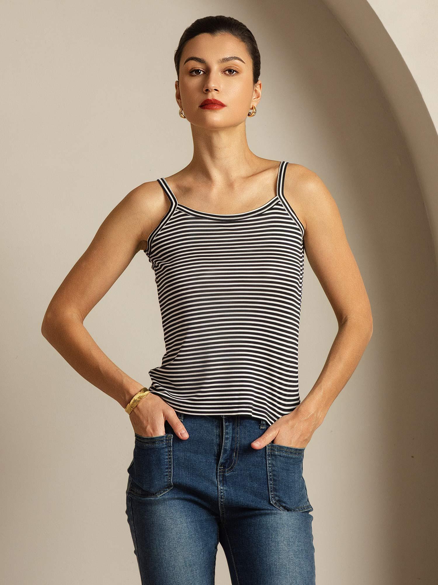 Top Camisole À Bretelles Fines En Soie Pure Col Carré À Rayures - Image 6