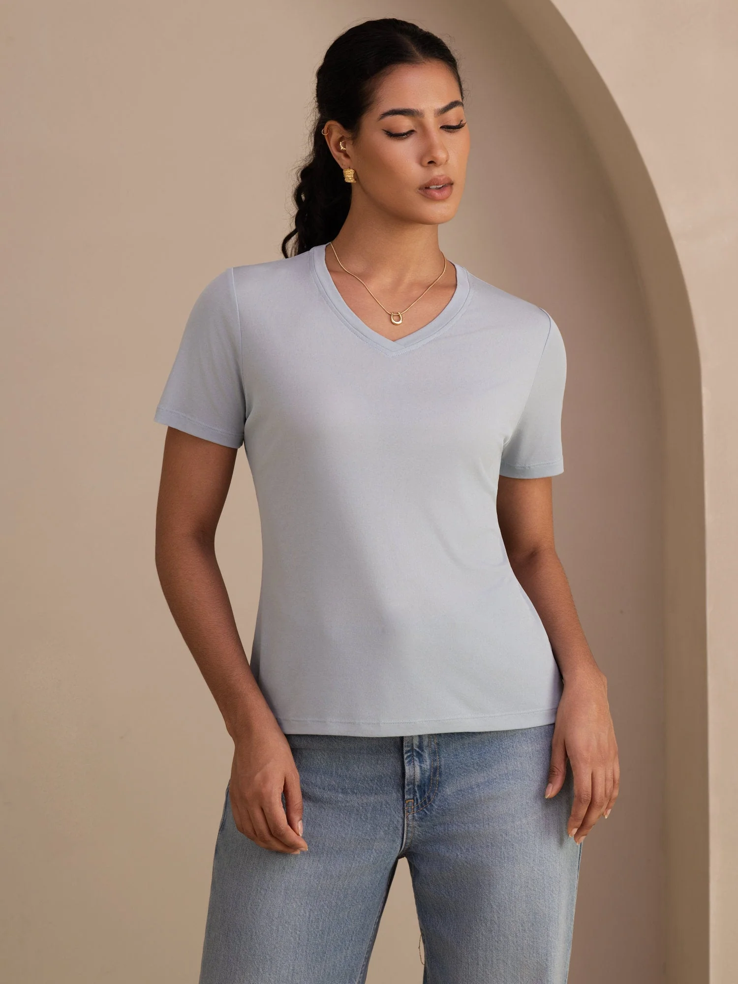T-Shirt Femme à Manches Courtes et Décolleté en V en Soie Pure Résistant aux Accrochages - Image 10