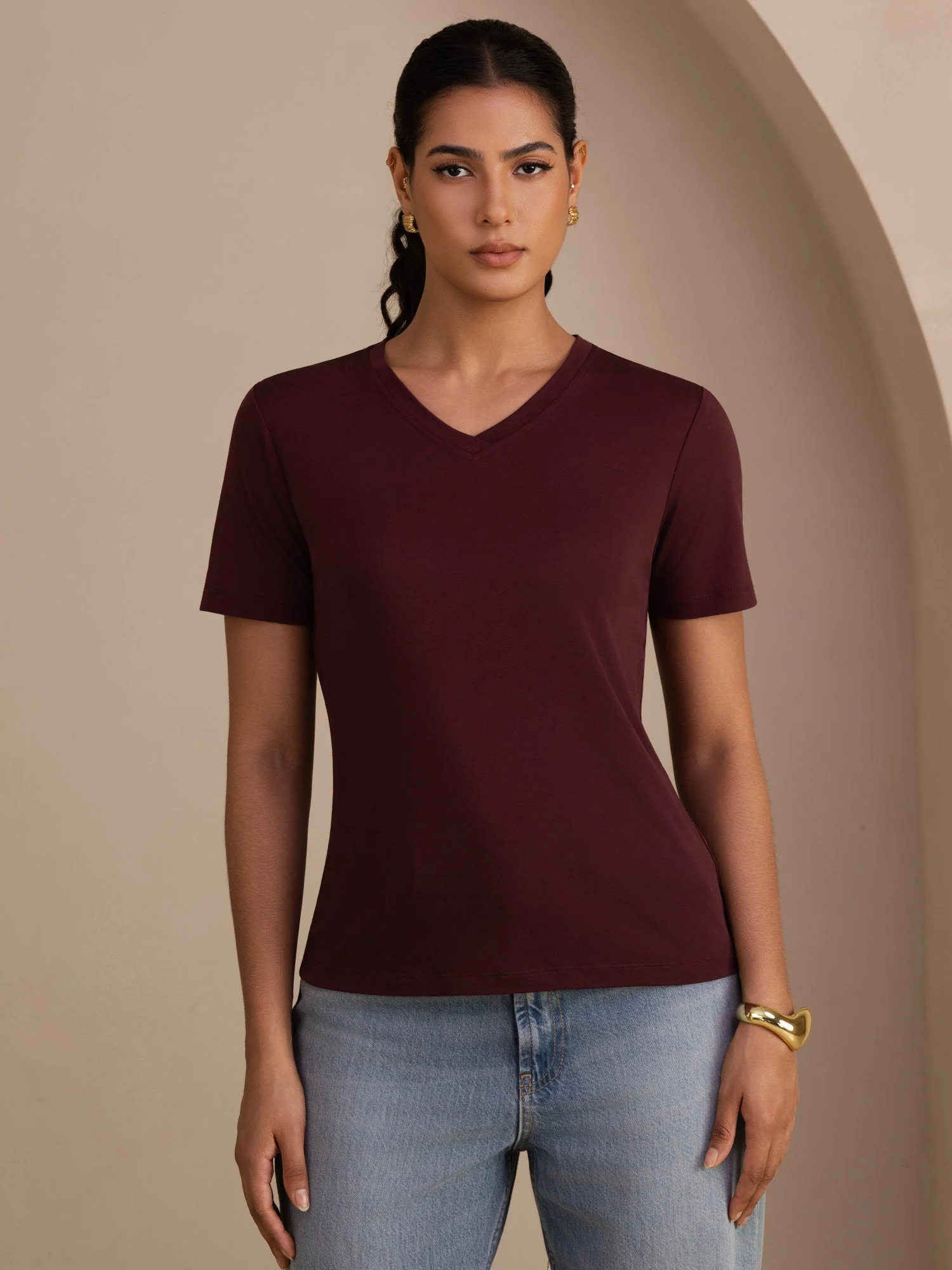 T-Shirt Femme à Manches Courtes et Décolleté en V en Soie Pure Résistant aux Accrochages - Image 19