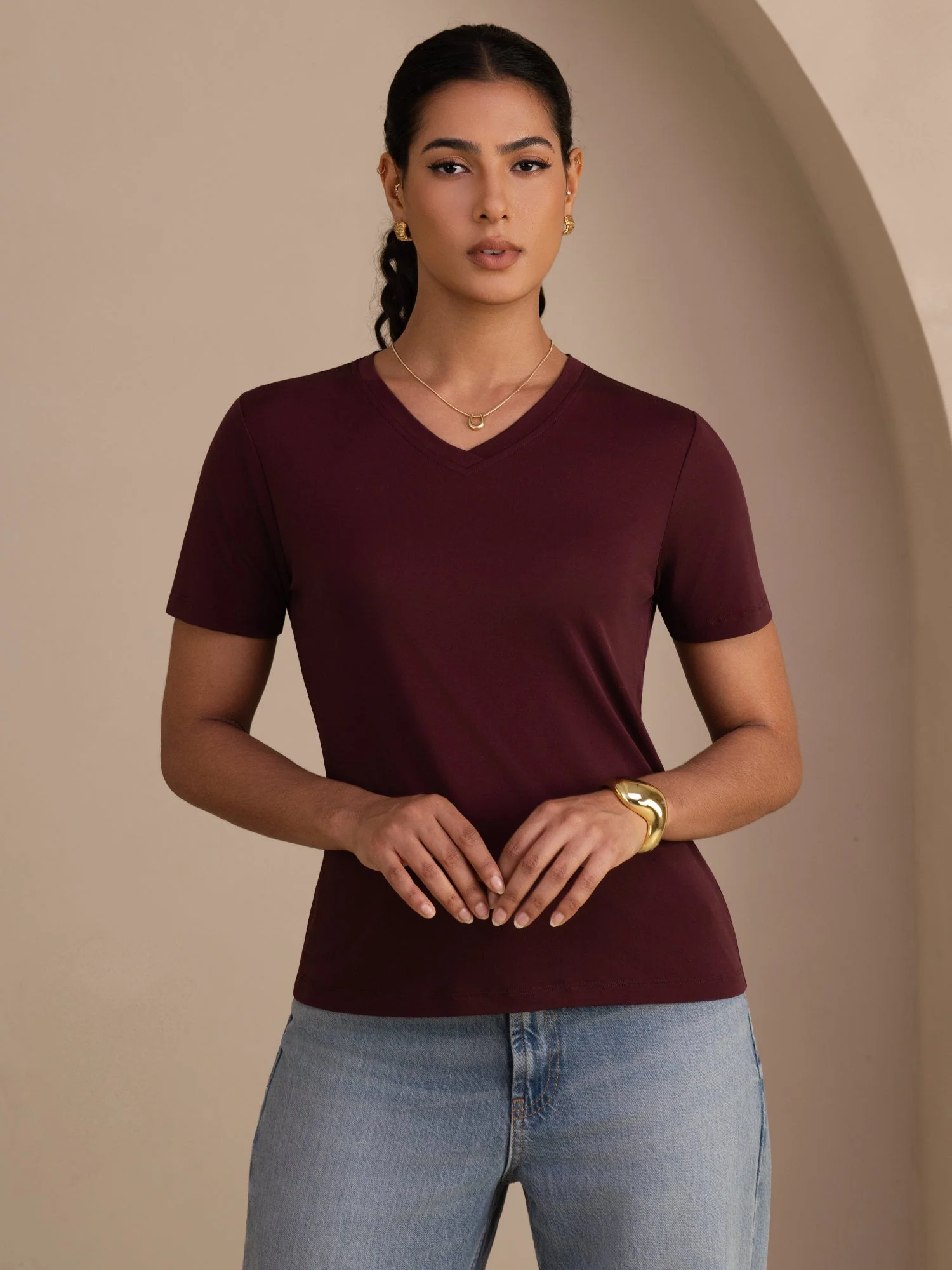 T-Shirt Femme à Manches Courtes et Décolleté en V en Soie Pure Résistant aux Accrochages - Image 20