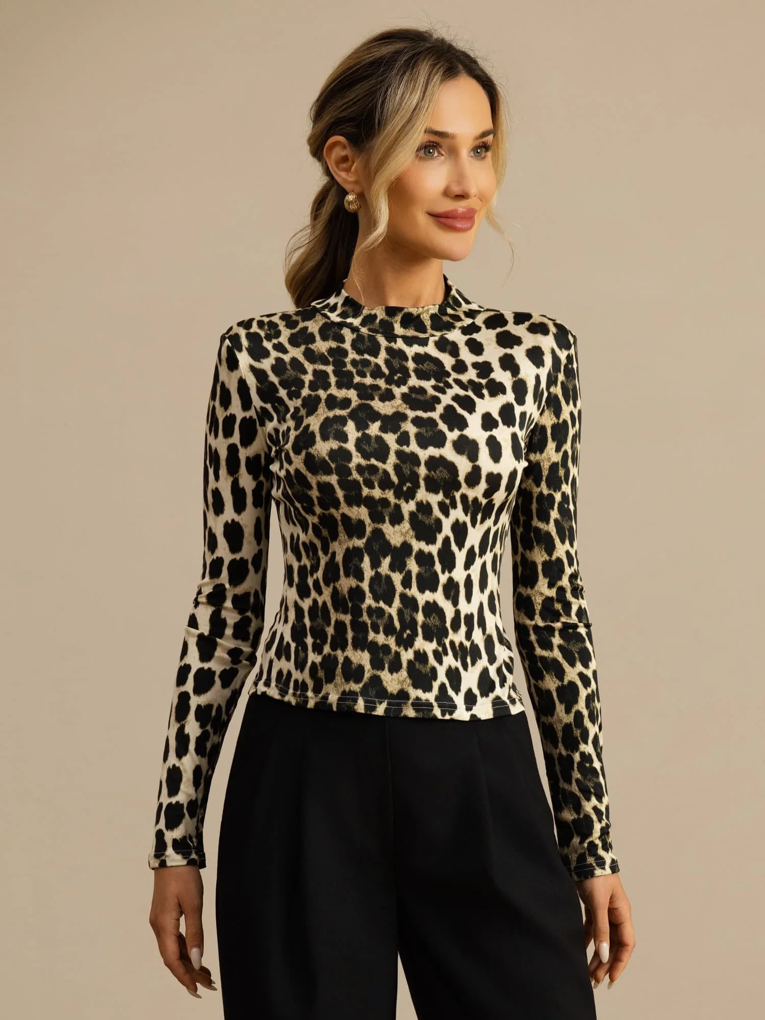 Pure Soie Femme Imprimé Animal Sauvage Manches Longues Col Montant Haut - Image 17