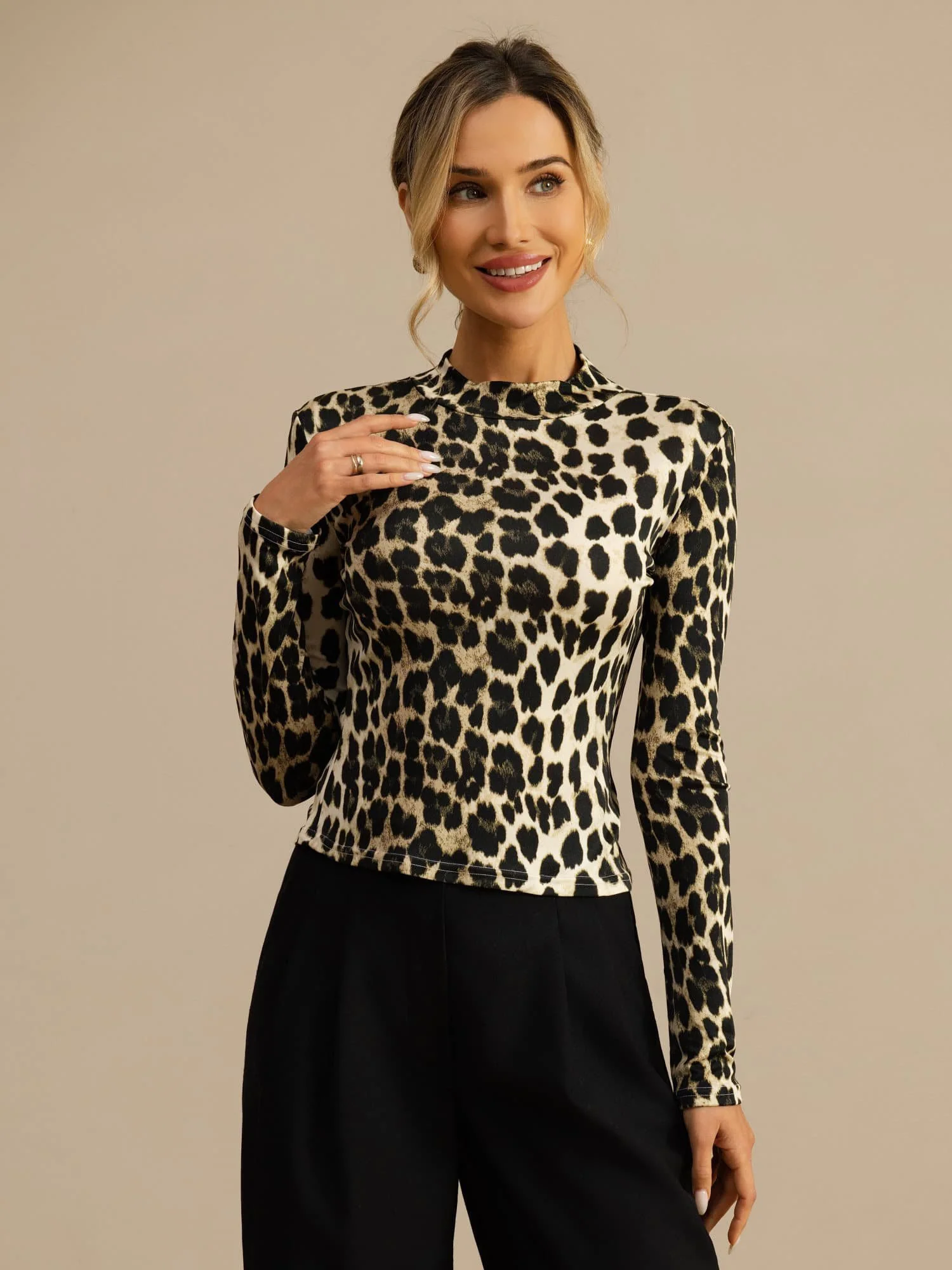 Pure Soie Femme Imprimé Animal Sauvage Manches Longues Col Montant Haut - Image 19