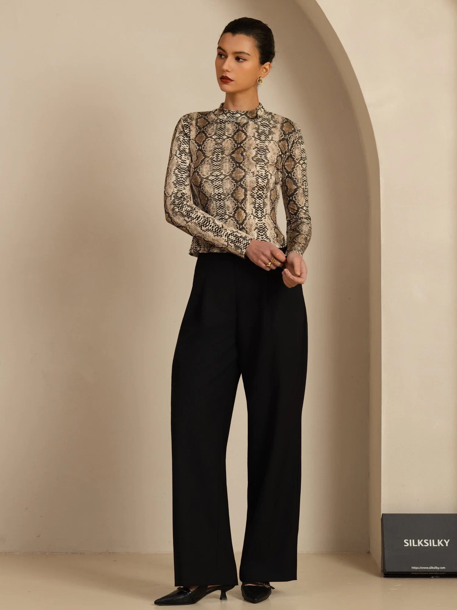Pure Soie Femme Imprimé Animal Sauvage Manches Longues Col Montant Haut - Image 8