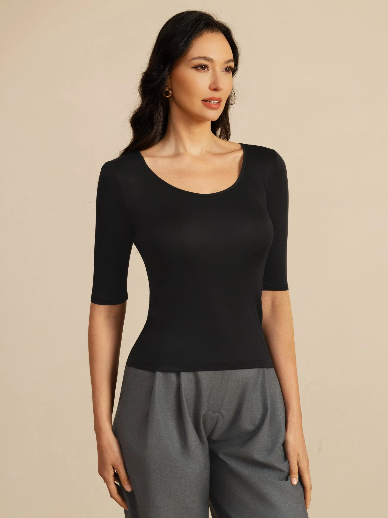 Haut Femme En Soie Manches Mi Longues Col Rond