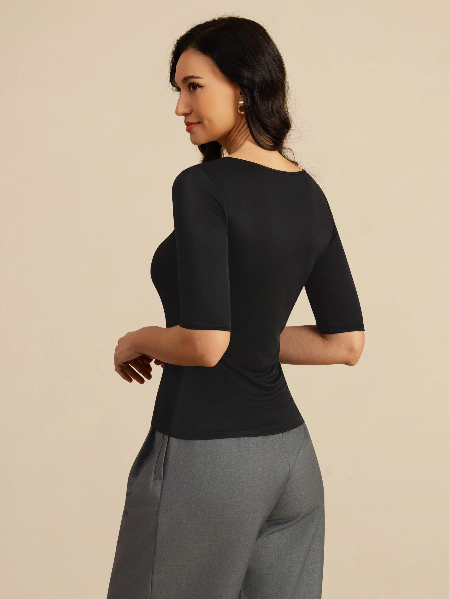 Haut Femme En Soie Manches Mi Longues Col Rond - Image 2