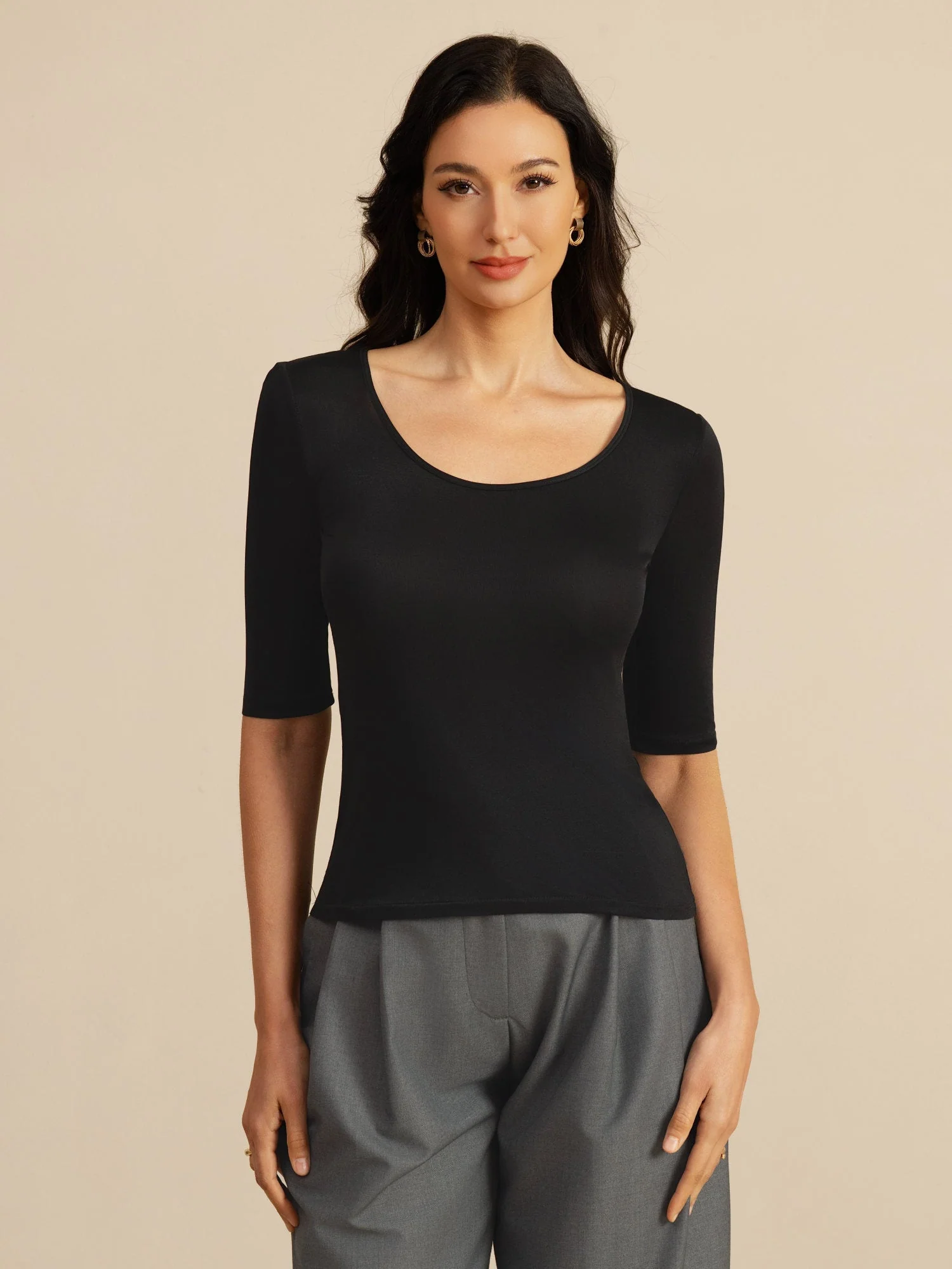 Haut Femme En Soie Manches Mi Longues Col Rond - Image 3