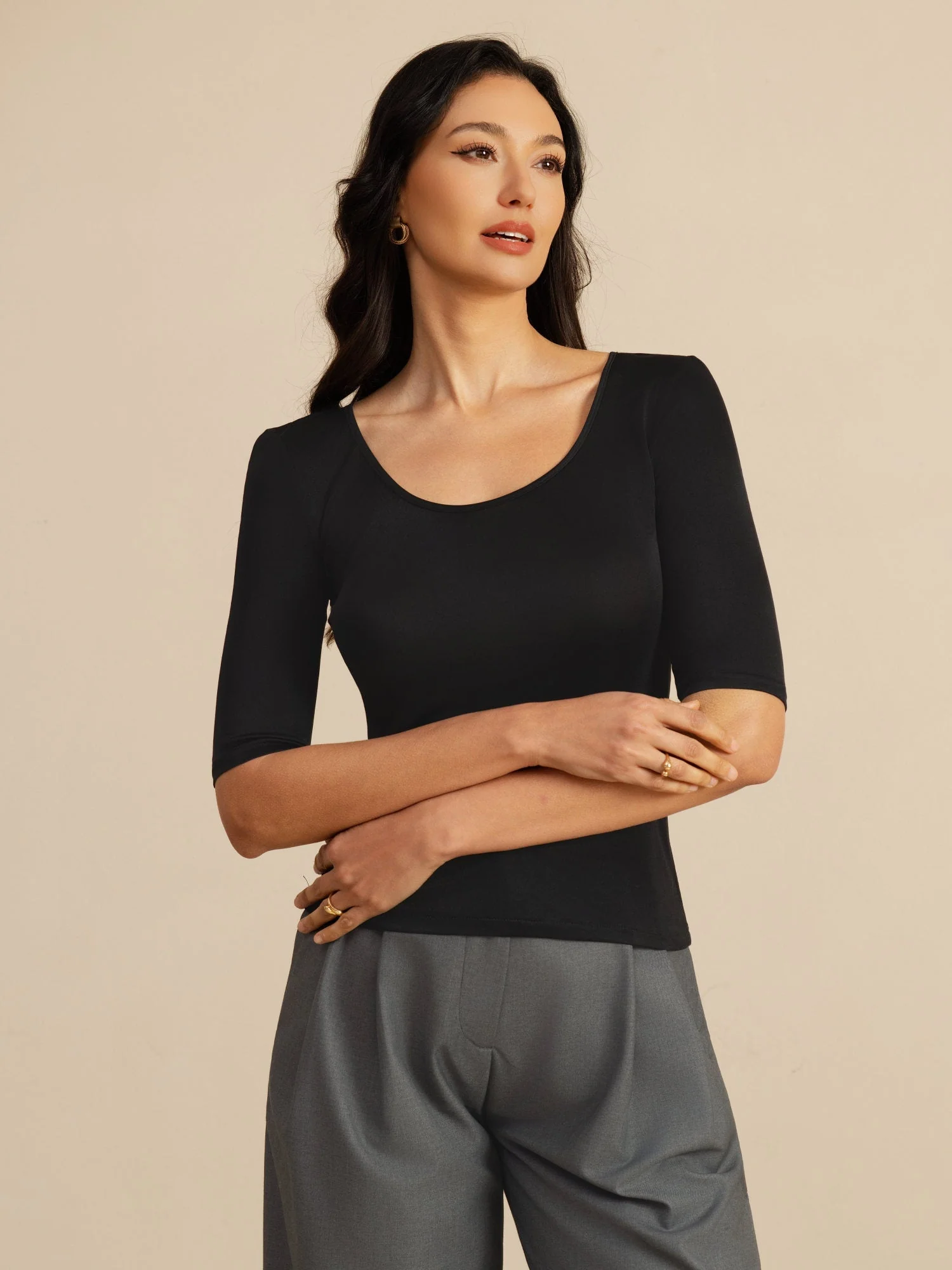 Haut Femme En Soie Manches Mi Longues Col Rond - Image 4
