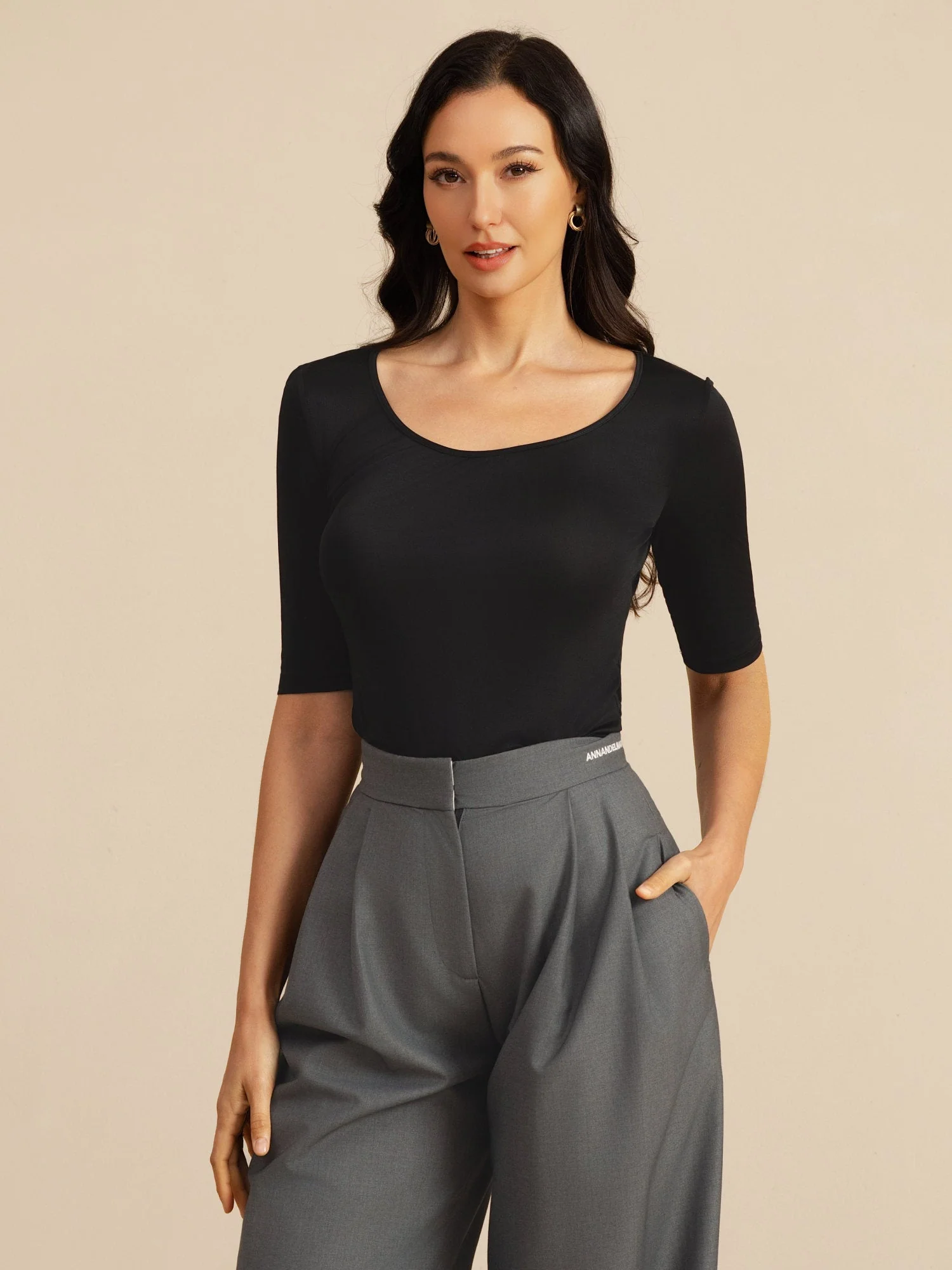 Haut Femme En Soie Manches Mi Longues Col Rond - Image 5