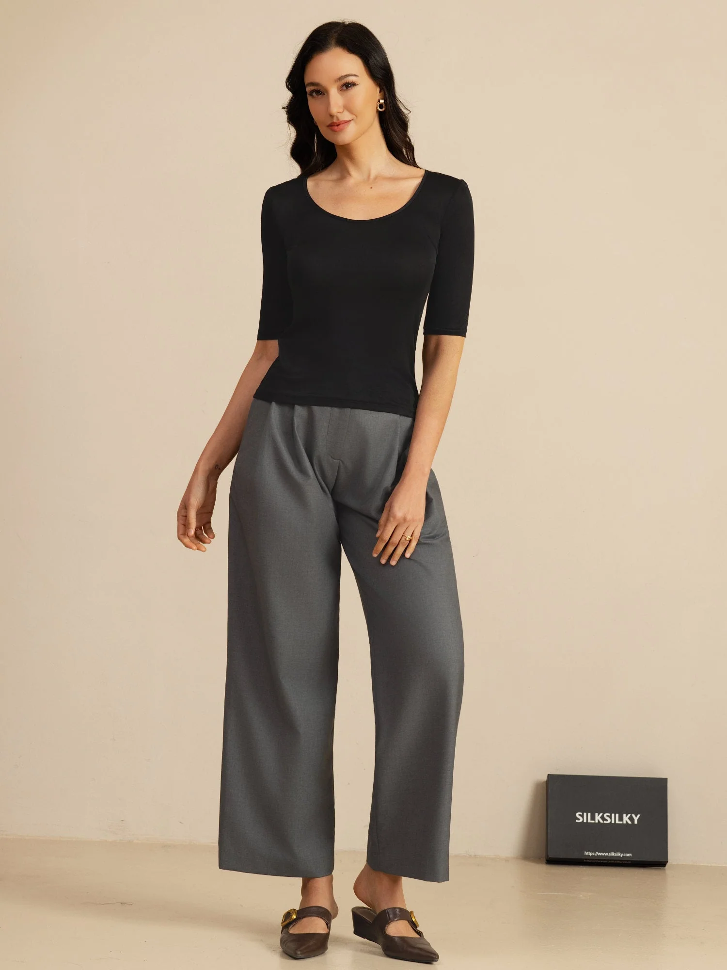 Haut Femme En Soie Manches Mi Longues Col Rond - Image 7