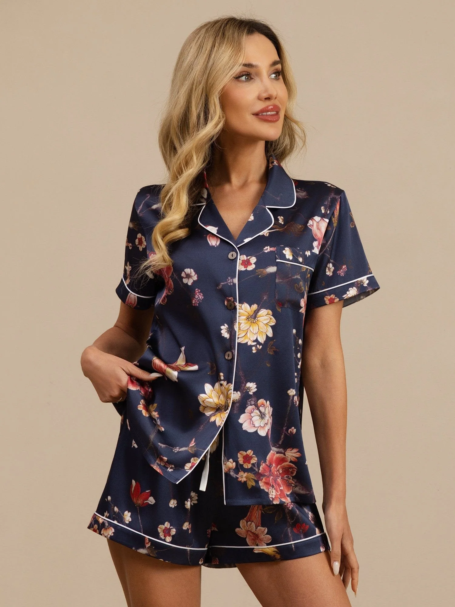 Ensemble Pyjama Femme En Soie 19 Momme Bleu Marine À Imprimé Floral Manches Courtes Col Cranté Boutonné - Image 6