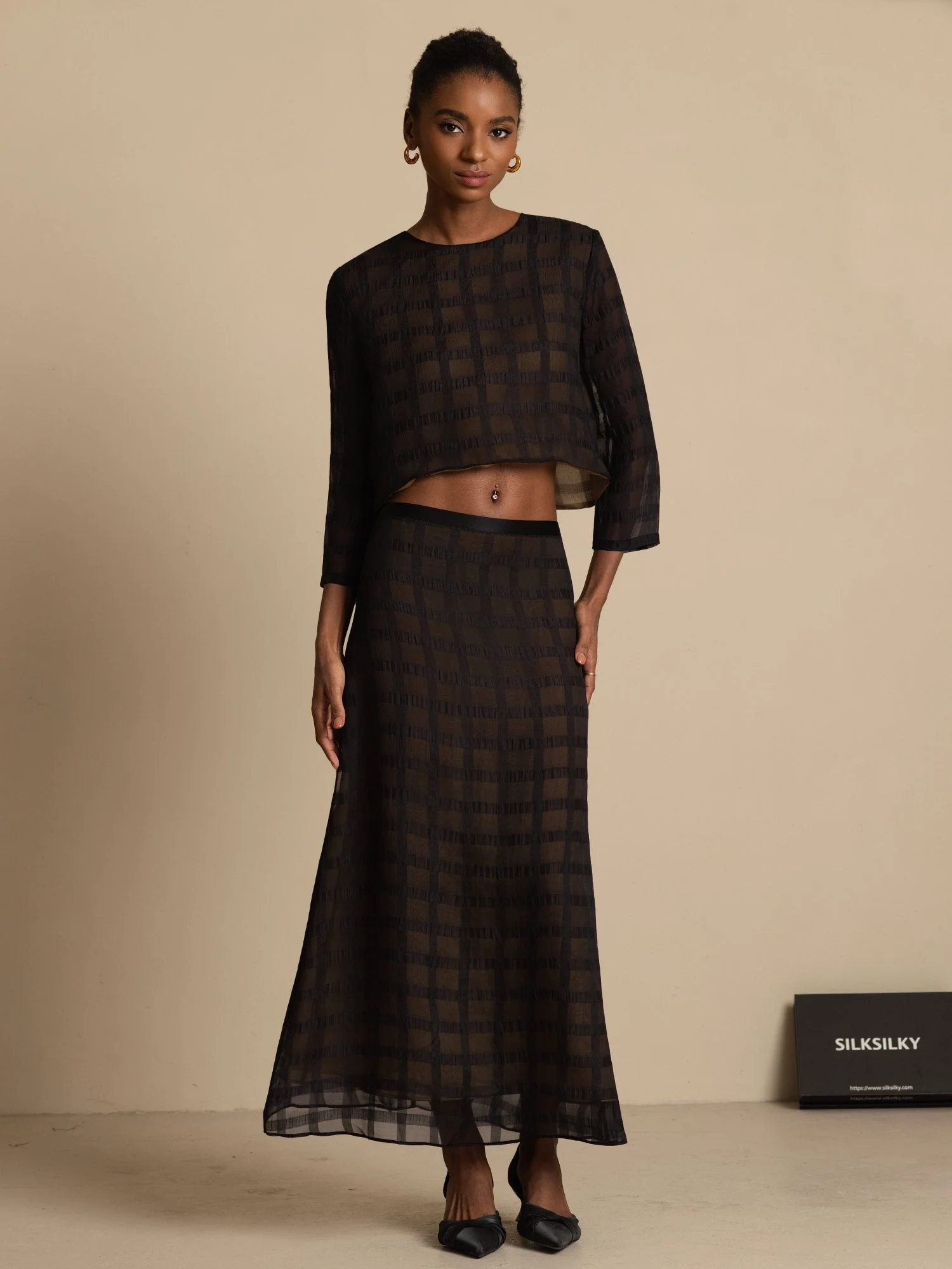 Soie Pure Femme Blouse Courte À Carreaux Texturée & Jupe Longue A-Line Ensemble