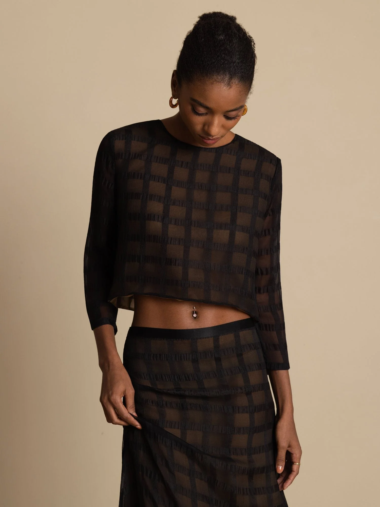 Soie Pure Femme Blouse Courte À Carreaux Texturée & Jupe Longue A-Line Ensemble - Image 7