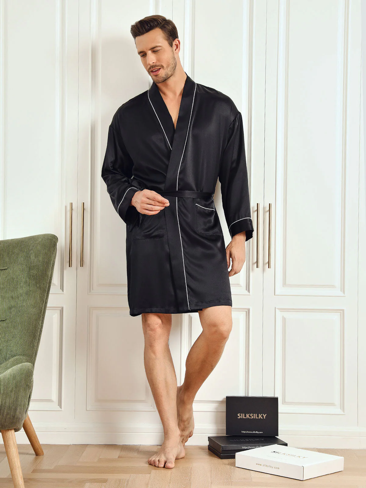 Homme Peignoirs Pure Soie Couleur Unie Vacances Ceinture - Image 3