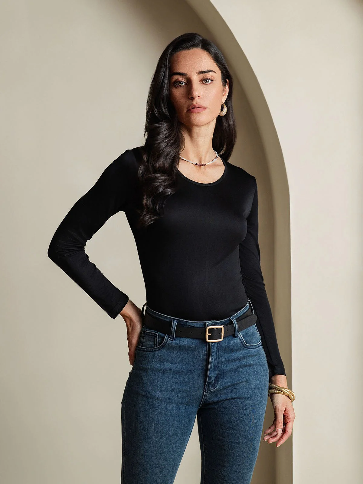 Mélange De Soie Col Rond Manches Longues T-Shirt - Image 10
