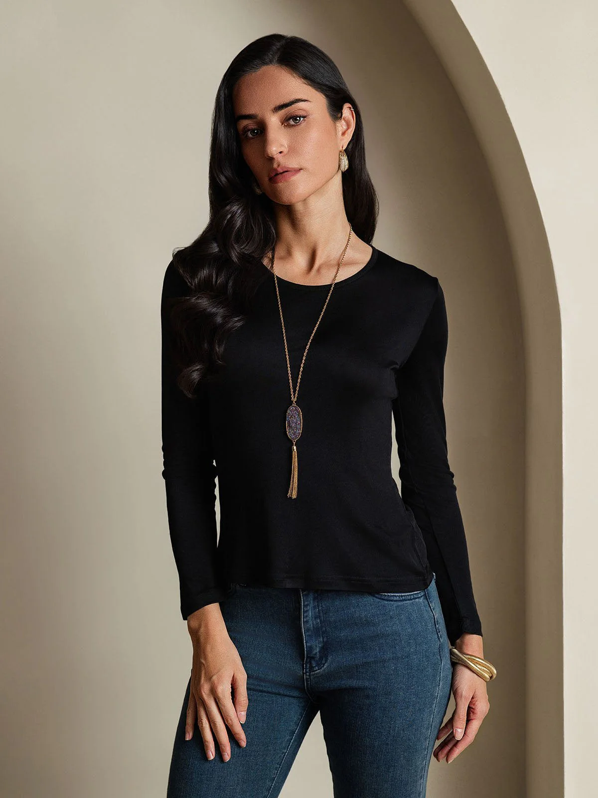 Mélange De Soie Col Rond Manches Longues T-Shirt - Image 12