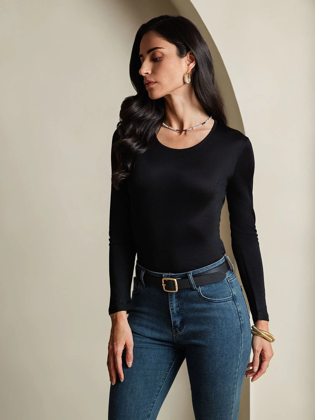 Mélange De Soie Col Rond Manches Longues T-Shirt - Image 13