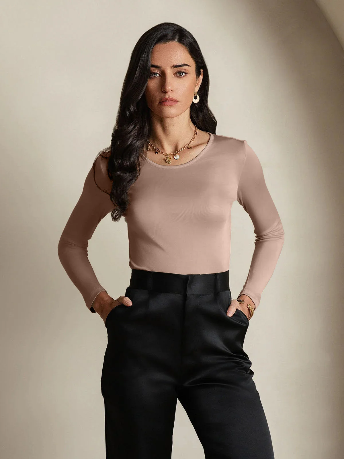 Mélange De Soie Col Rond Manches Longues T-Shirt - Image 18