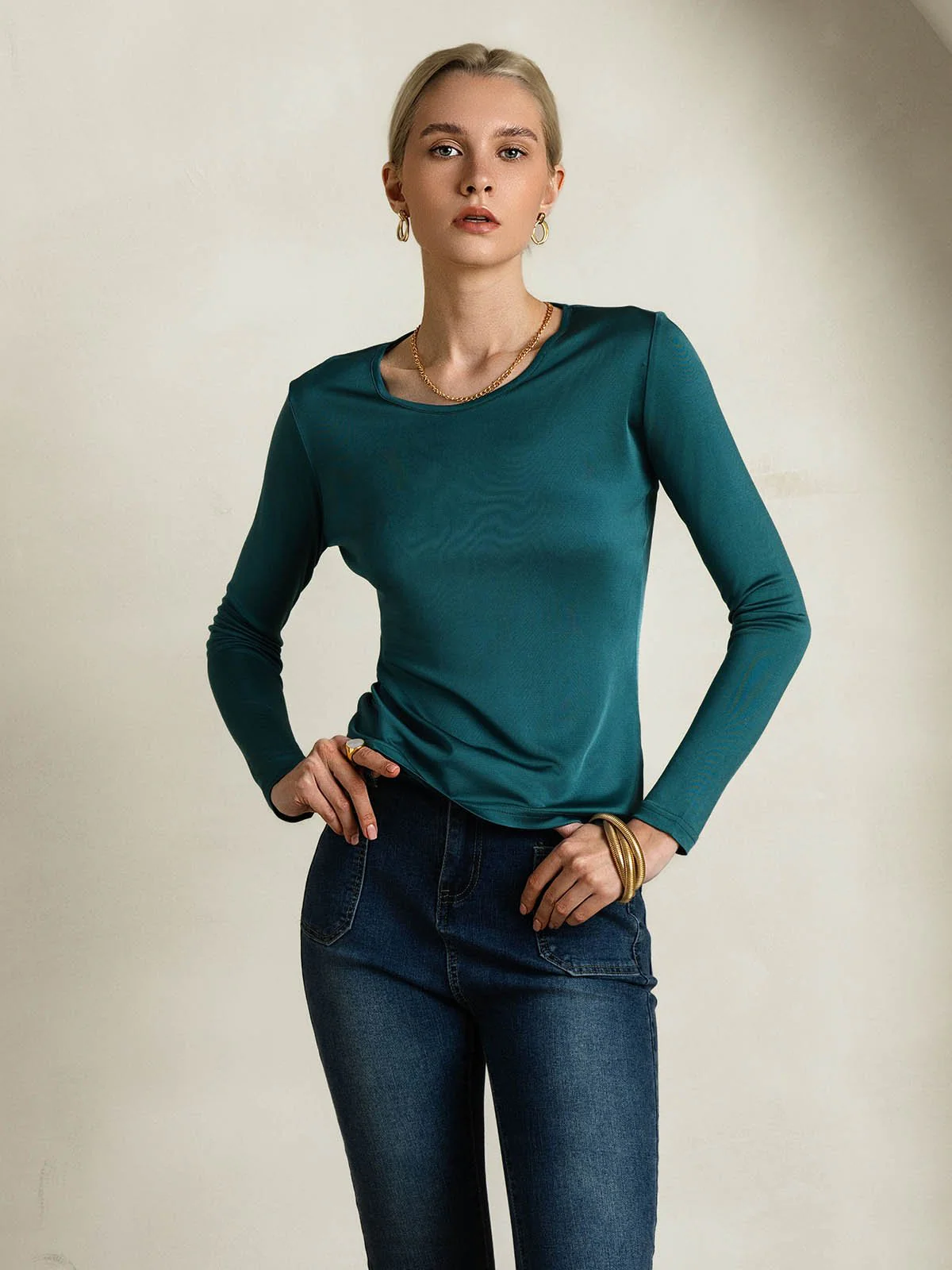 Mélange De Soie Col Rond Manches Longues T-Shirt - Image 30