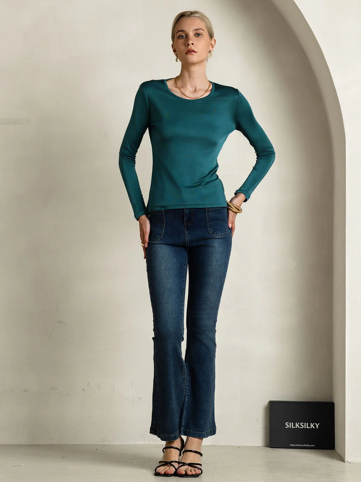 Mélange De Soie Col Rond Manches Longues T-Shirt - Image 32