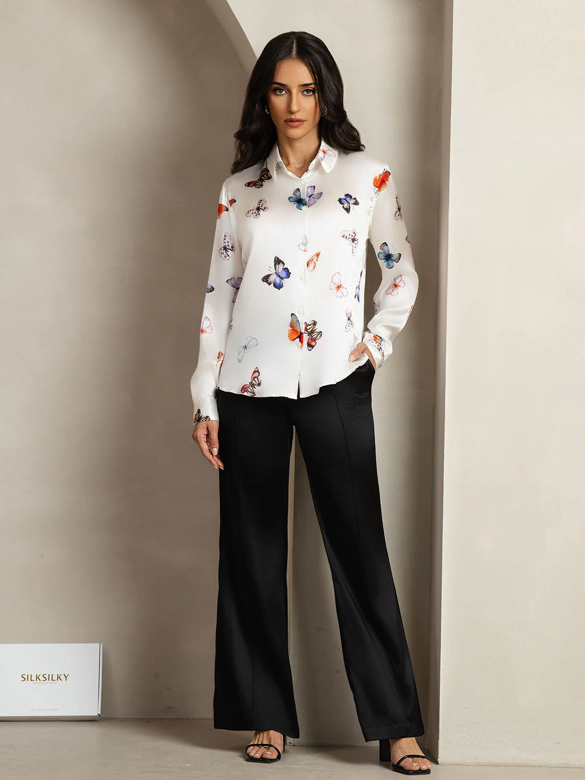Chemise Femme À Manches Longues Col Revers En Soie 19Momme Imprimé Papillon - Image 3