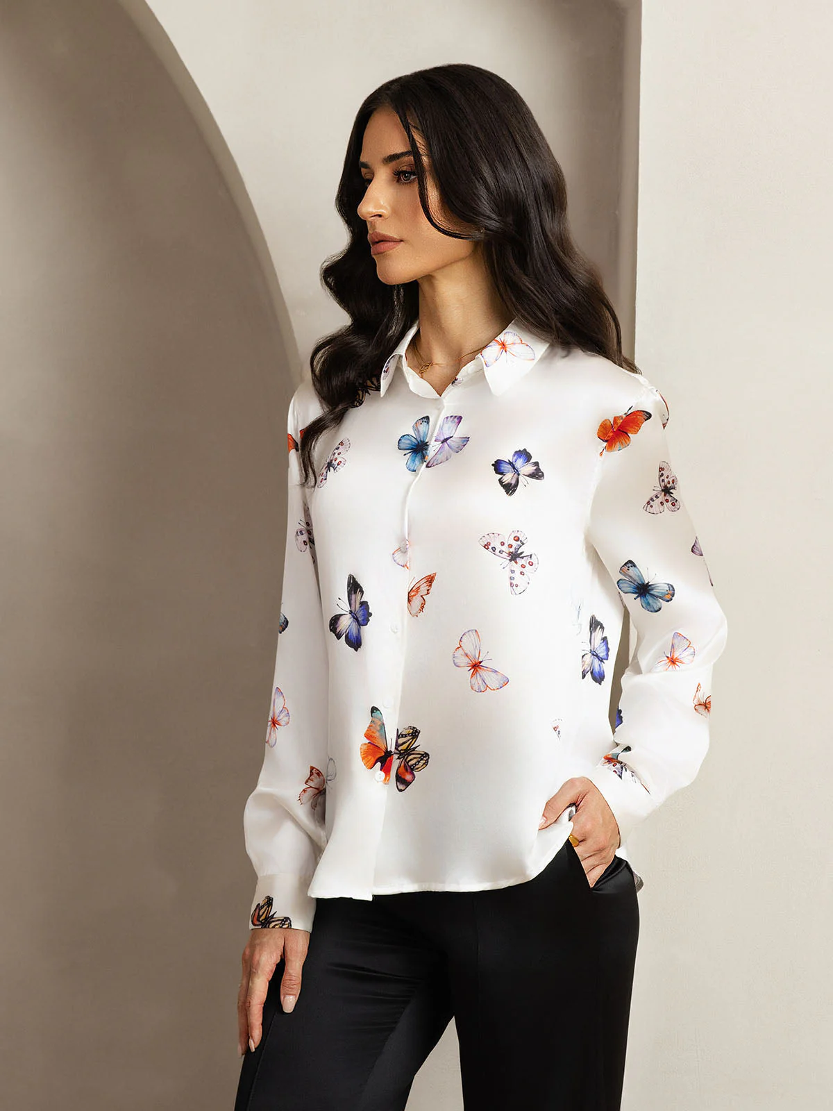 Chemise Femme À Manches Longues Col Revers En Soie 19Momme Imprimé Papillon - Image 6