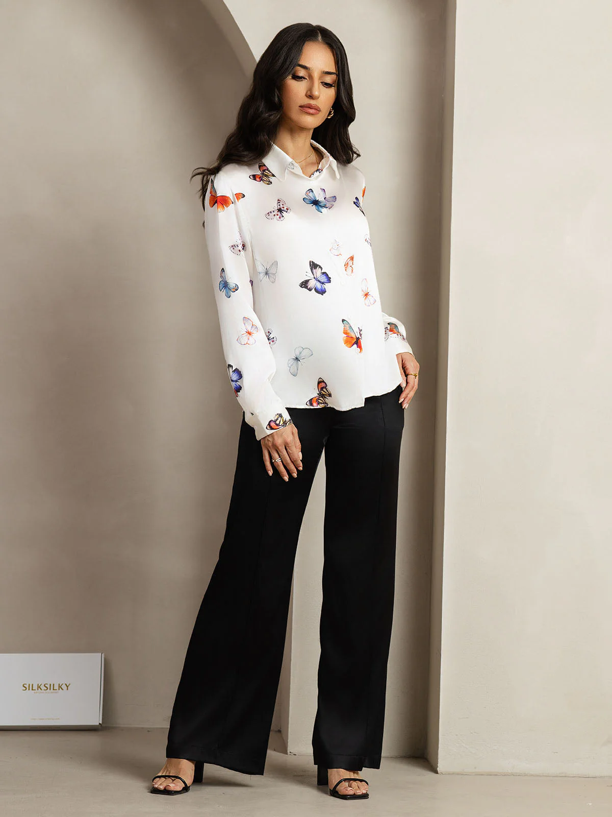 Chemise Femme À Manches Longues Col Revers En Soie 19Momme Imprimé Papillon - Image 7